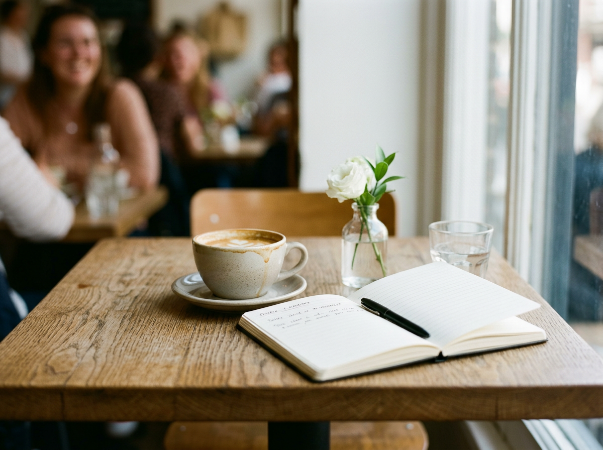 A cozy café table with a cup of coffee, a vase with a white flower, a notebook with handwritten notes, a pen, and a glass of water, with blurred customers in the background.