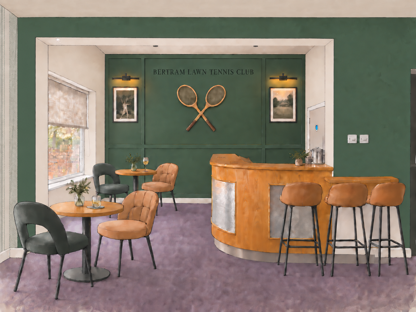 Bertram Lawn Tennis Club: an early concept visualisation exploring bar seating, warm timber and green panelling. Design development, project in progress.