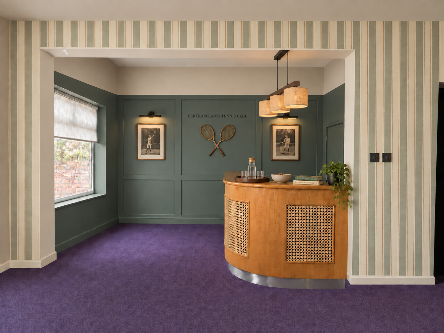 Bertram Lawn Tennis Club: a developing bar concept with warm timber, soft lighting and the retained purple carpet. Concept visualisation, project in progress.