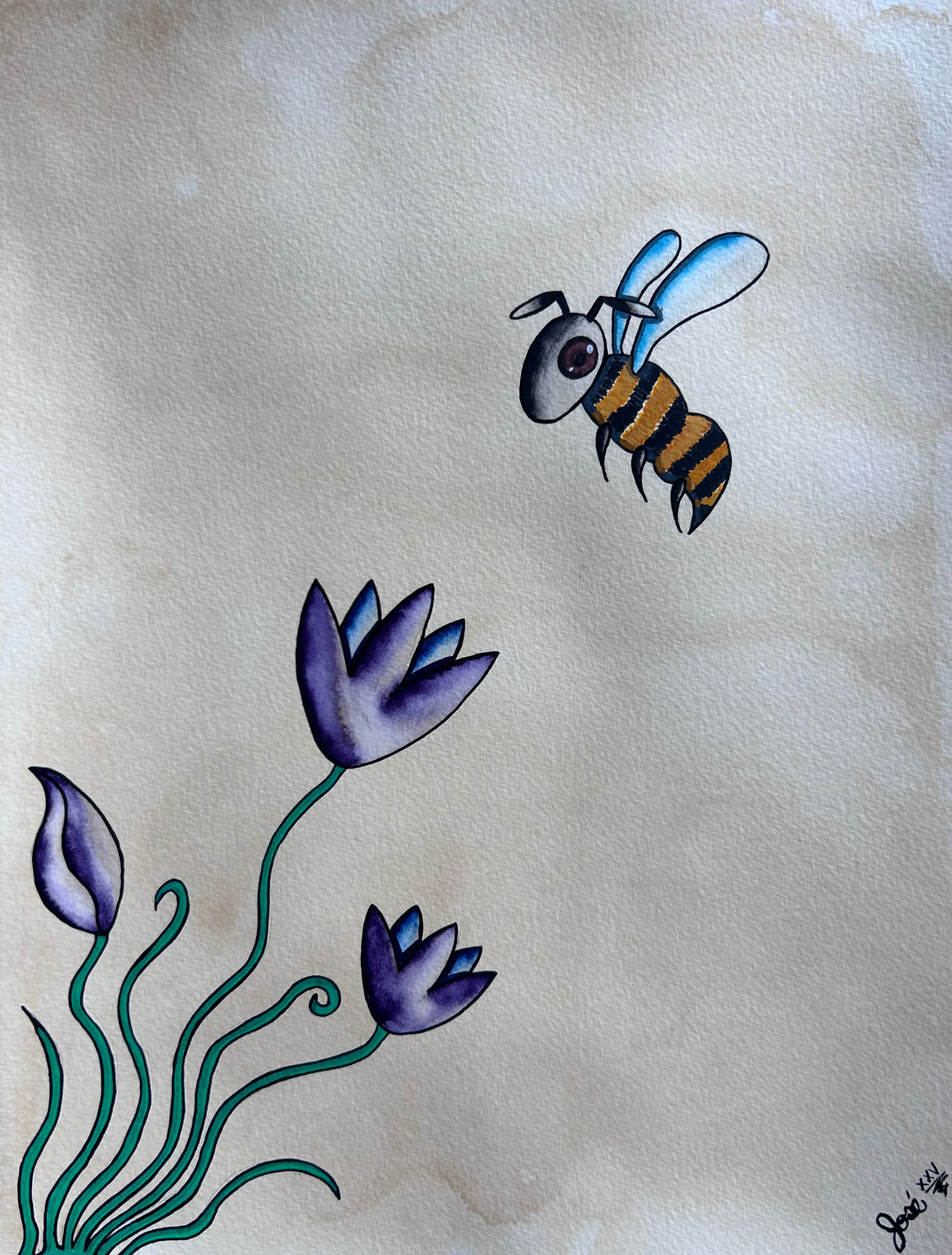 Bee, 2025 - 29x21cm - Watercolour, ink & coffee on cotton paper