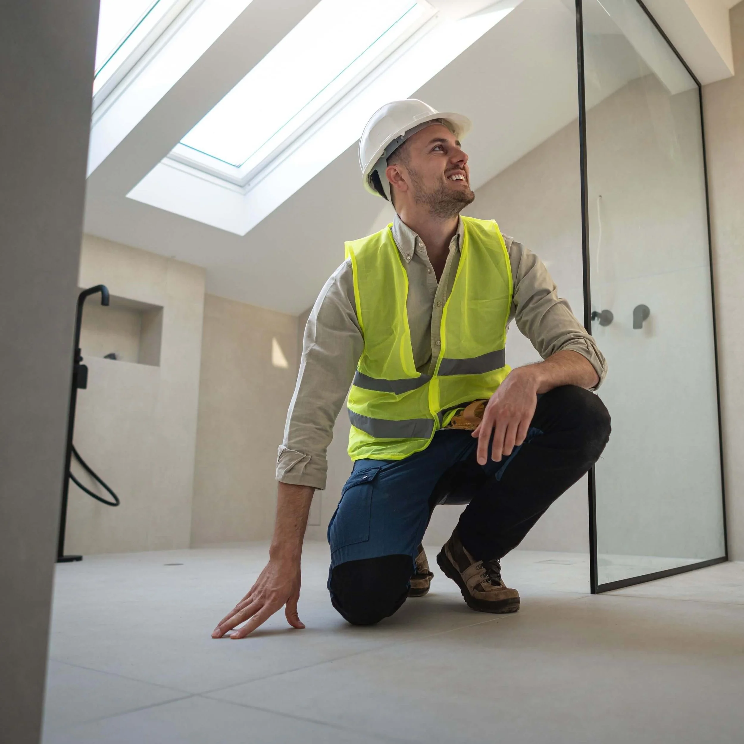Construction worker in a yellow safety vest and white hard hat crawling on the floor under a glass panel, with his head turned upward and smiling.