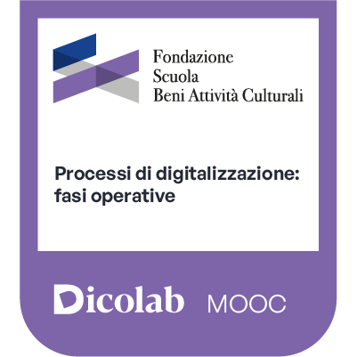 FOTO di una copertina di un documento con titoli 'Processi di digitalizzazione: fasi operative' e loghi di Fondazione Scuola Beni Attività Culturali e Dicolab MOOC.
