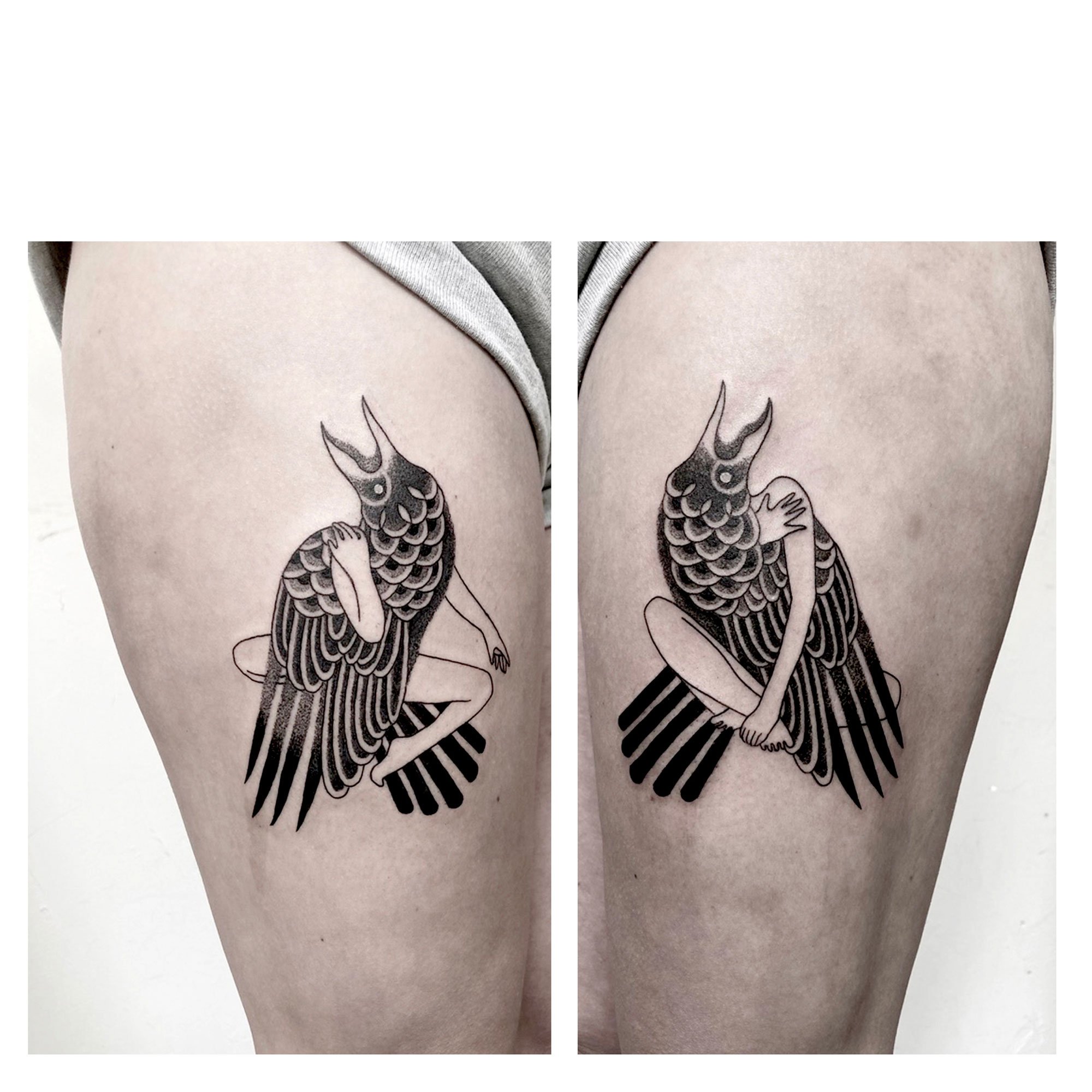 A pair of black and gray tattooed birds with human arms and legs on person’s thighs, shown from different angles.