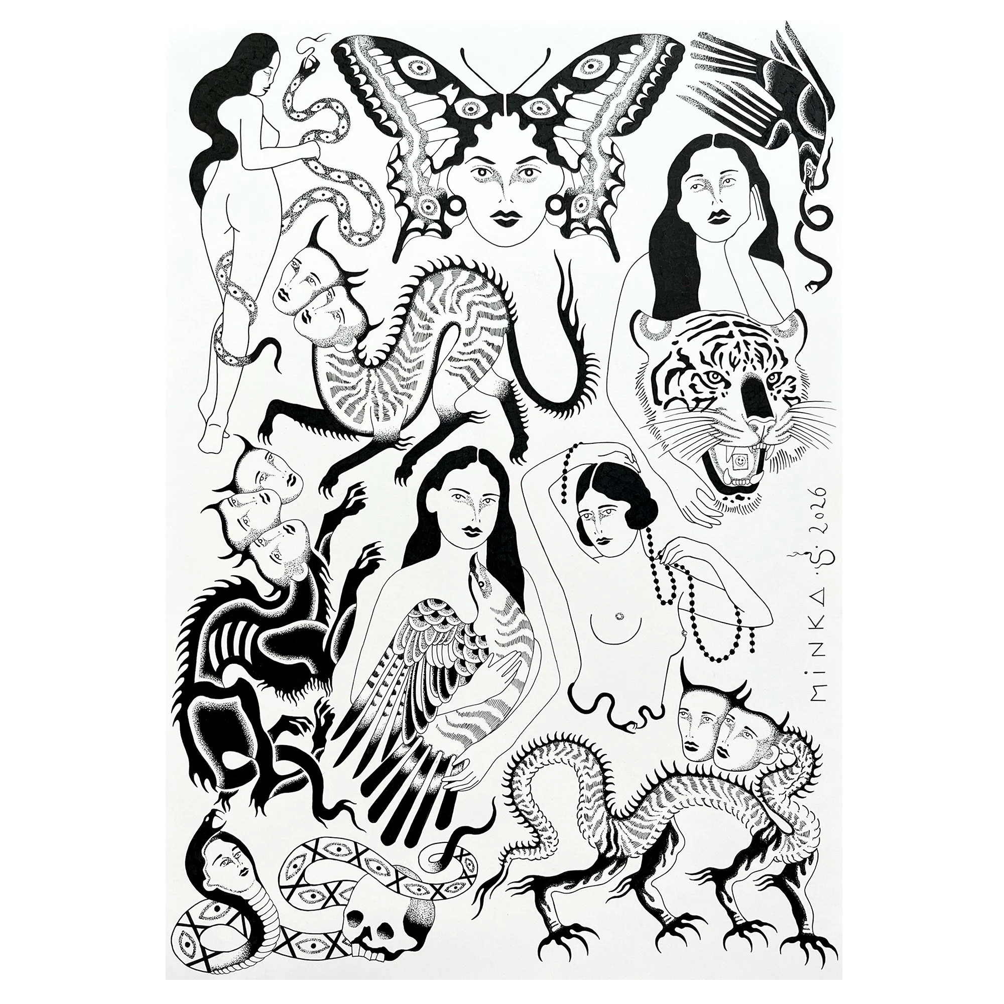 flash designs with women, nature, beasts, creatures and claws