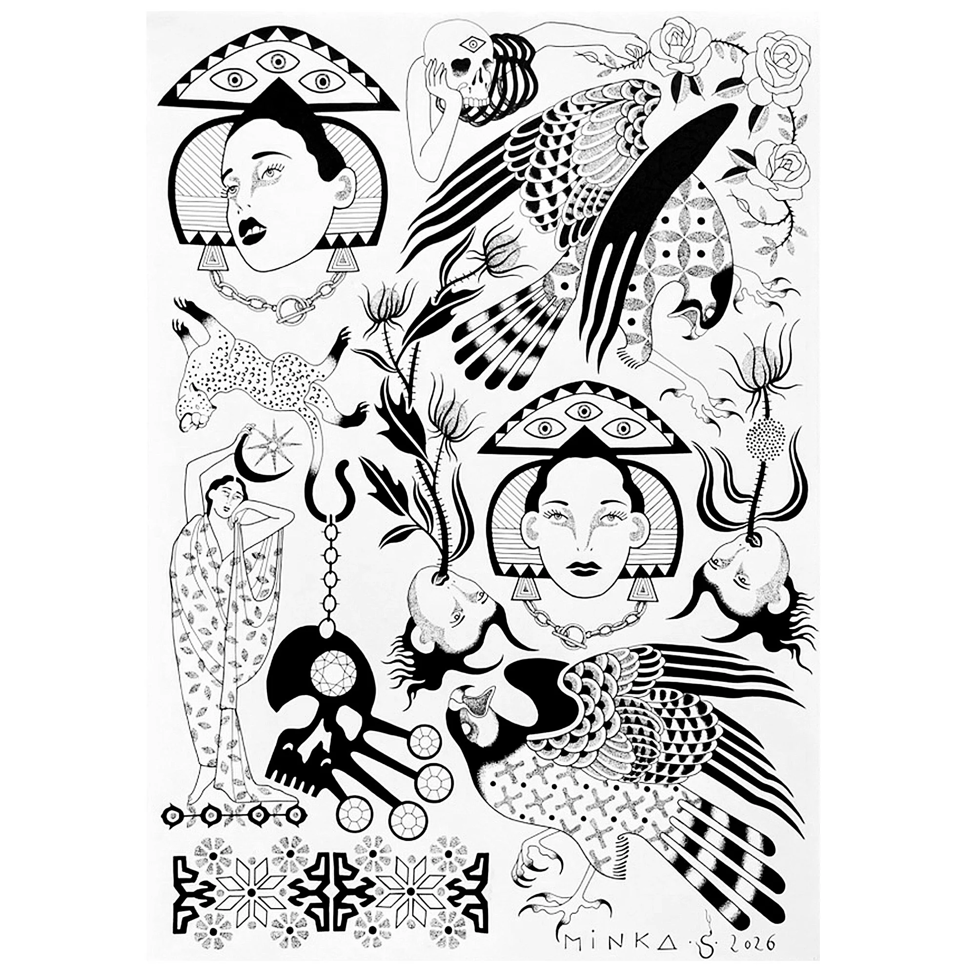 blackwork tattoo designs with women, nature, flowers, animals, patterns
