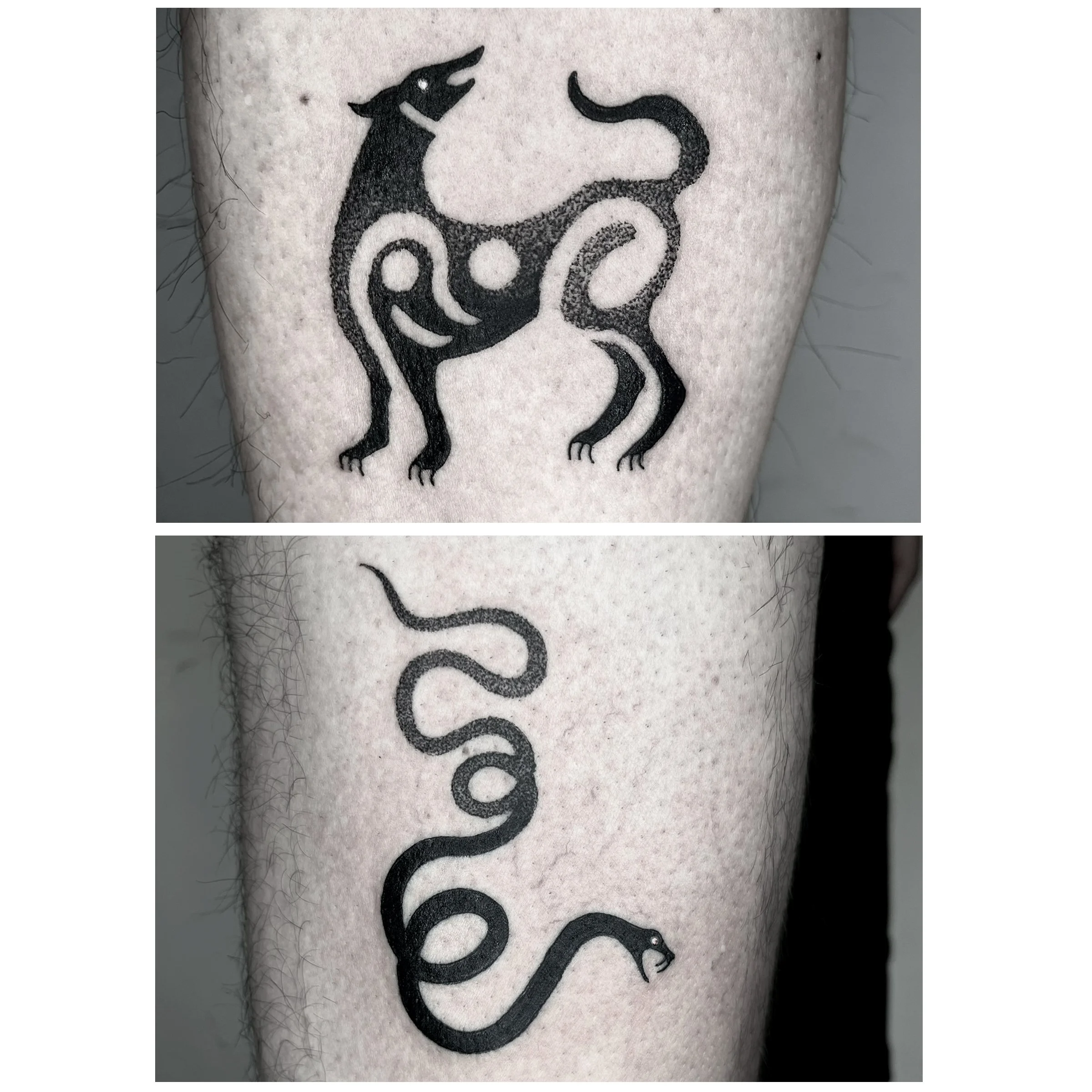dog and snake blackwork tattoos with hidden faces 