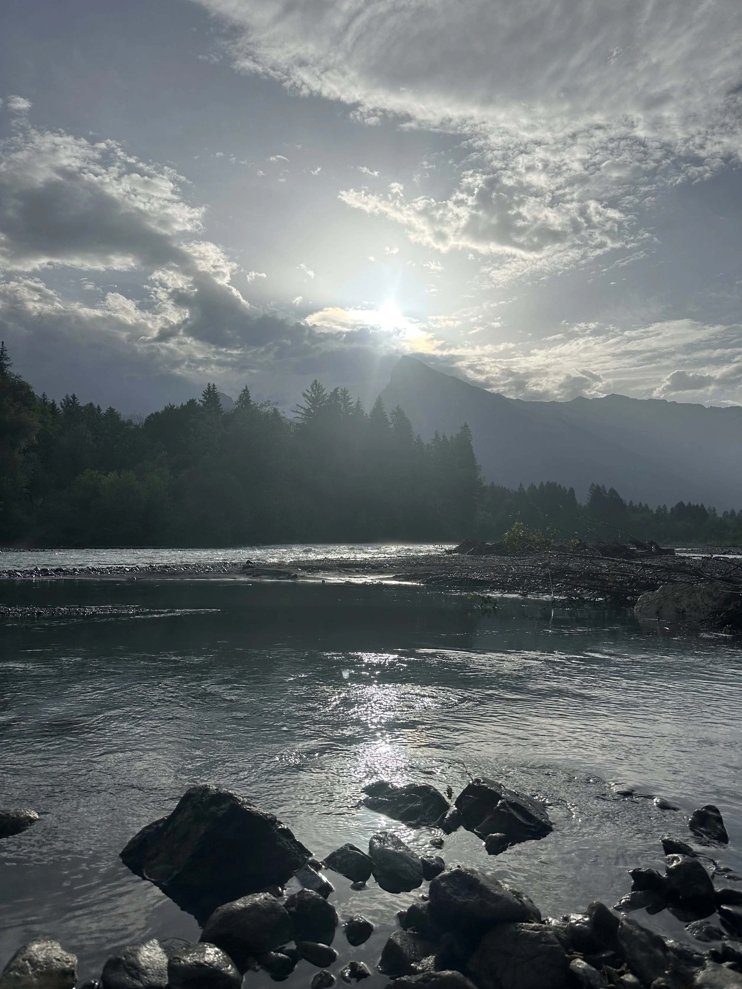 A serene river scene with rocks in the foreground, a calm water surface reflecting sunlight, dense forest along the banks, and a mountain with a partly cloudy sky in the background.