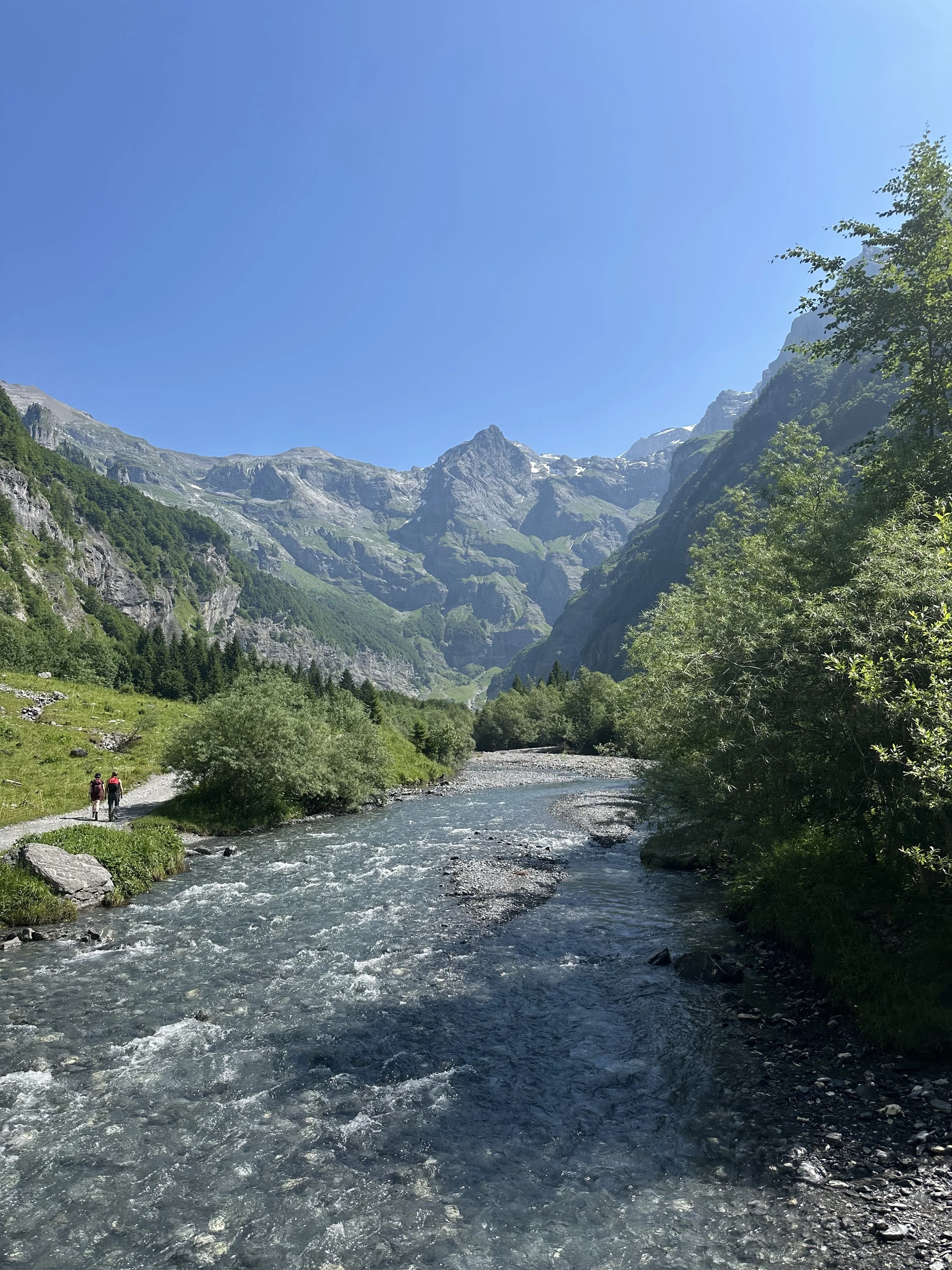 A scenic mountain landscape with a river flowing through a lush green valley under a clear blue sky.