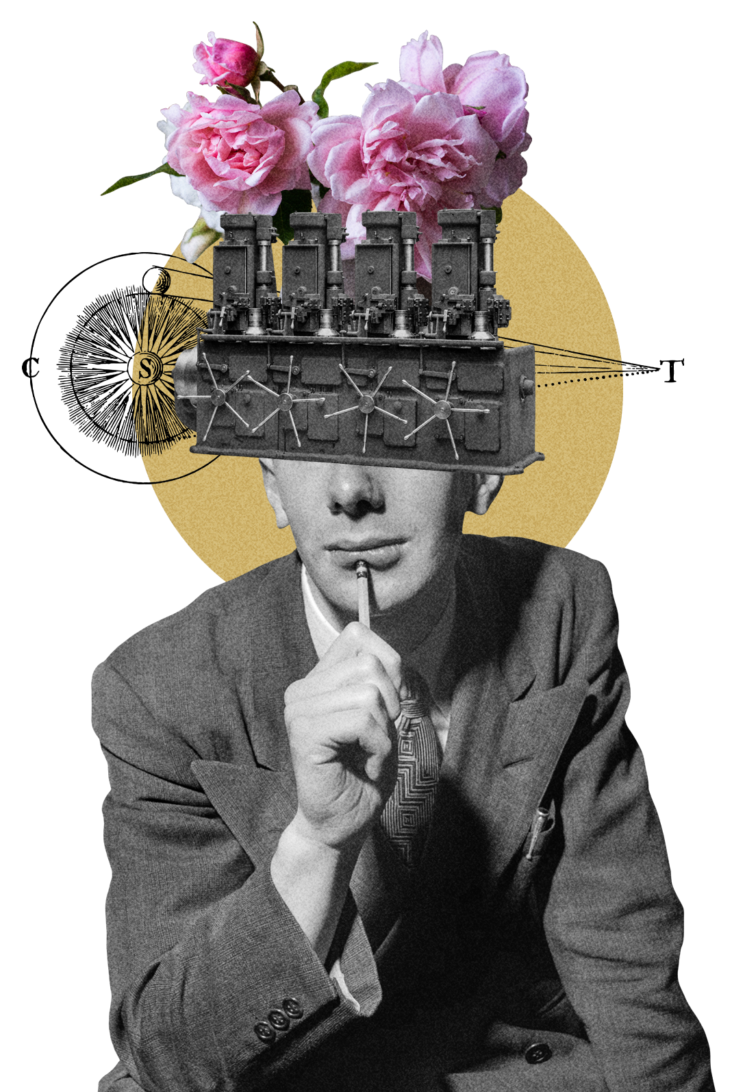 Collage picture symbolizing both creativity and critical thinking, copywriting and art direction