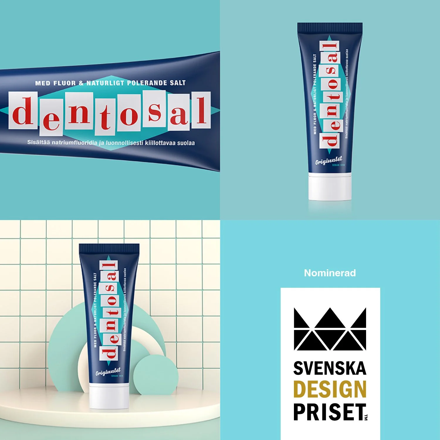 Collage featuring a tube and packaging of Dentosal salt toothpaste with blue and red branding, set against backgrounds with geometric shapes and a Swedish Design Priset award logo.