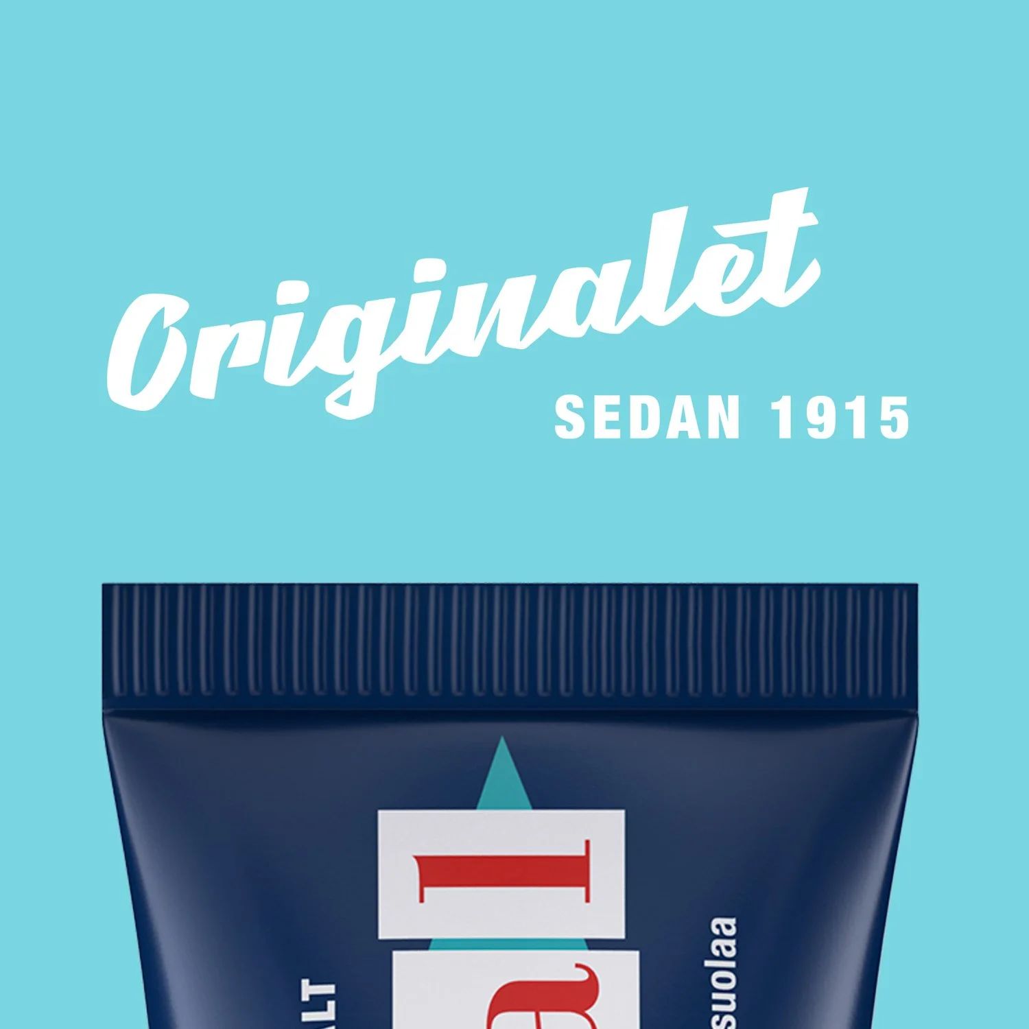 Part of a vintage-style advertisement for Originalet, a sedan car from 1915, with an illustration of a dark blue car on a light blue background.