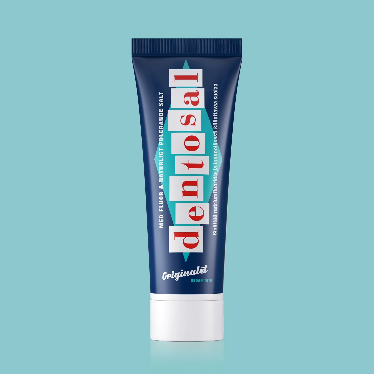 A tube of De Nittsal toothpaste with a blue body, white cap, and red and white text, set against a light blue background.