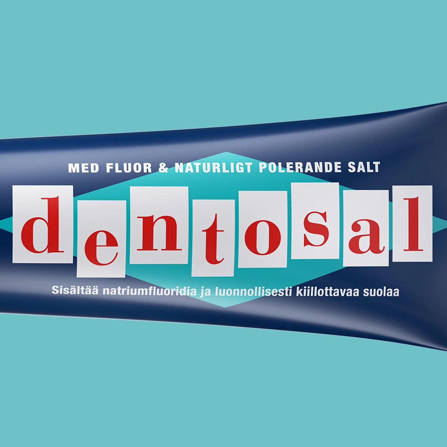 Packaging of toothpaste labeled 'Dentosal' with Finnish text indicating it contains sodium fluoride and naturally appealing salt.