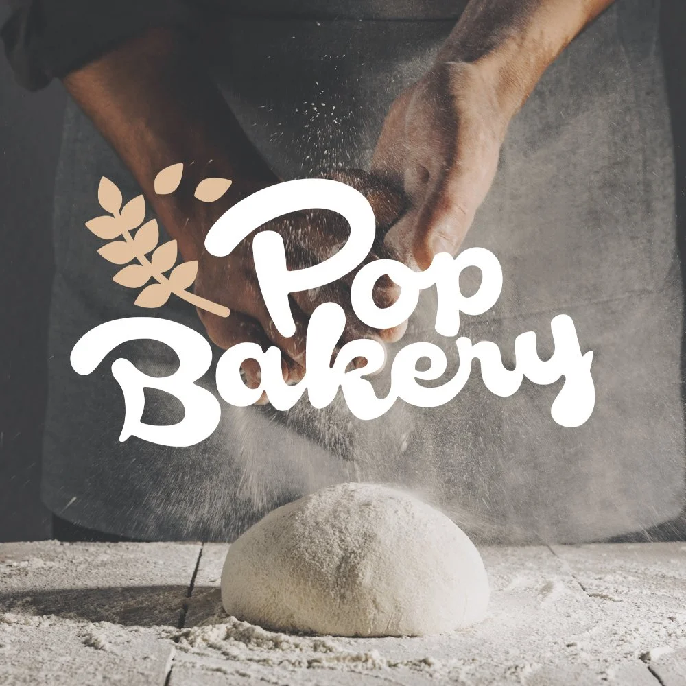Hands kneading dough on a floured surface with the words "Pop Bakery" overlayed