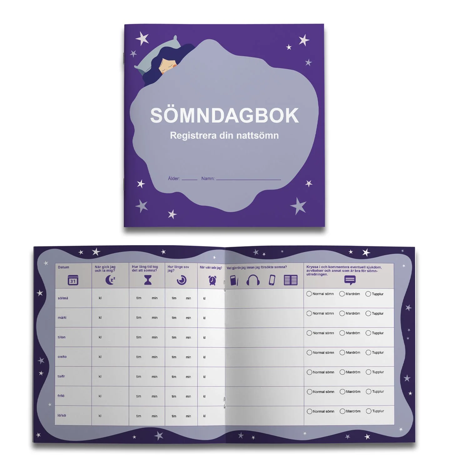 A purple night-themed sleep journal cover with an illustration of a girl sleeping under a starry sky, titled 'Sömn Dagbok' for recording sleep patterns, and the inside page shows a chart for tracking sleep data by date, including time, duration, and