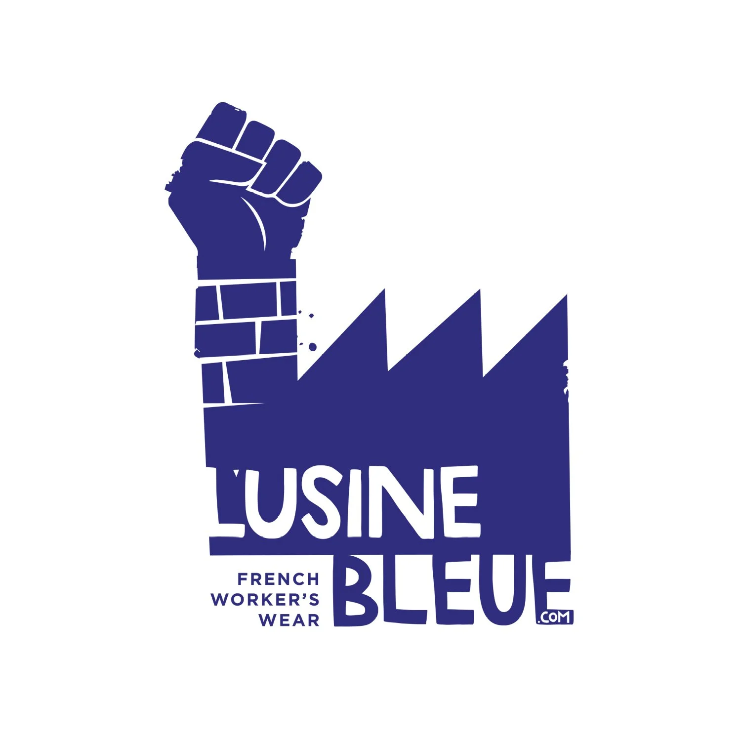Illustration of a raised fist with a brick pattern, combined with a factory silhouette, and the text 'LUSINE BLEU.com' with smaller text 'FRENCH WORKER'S WEAR'.