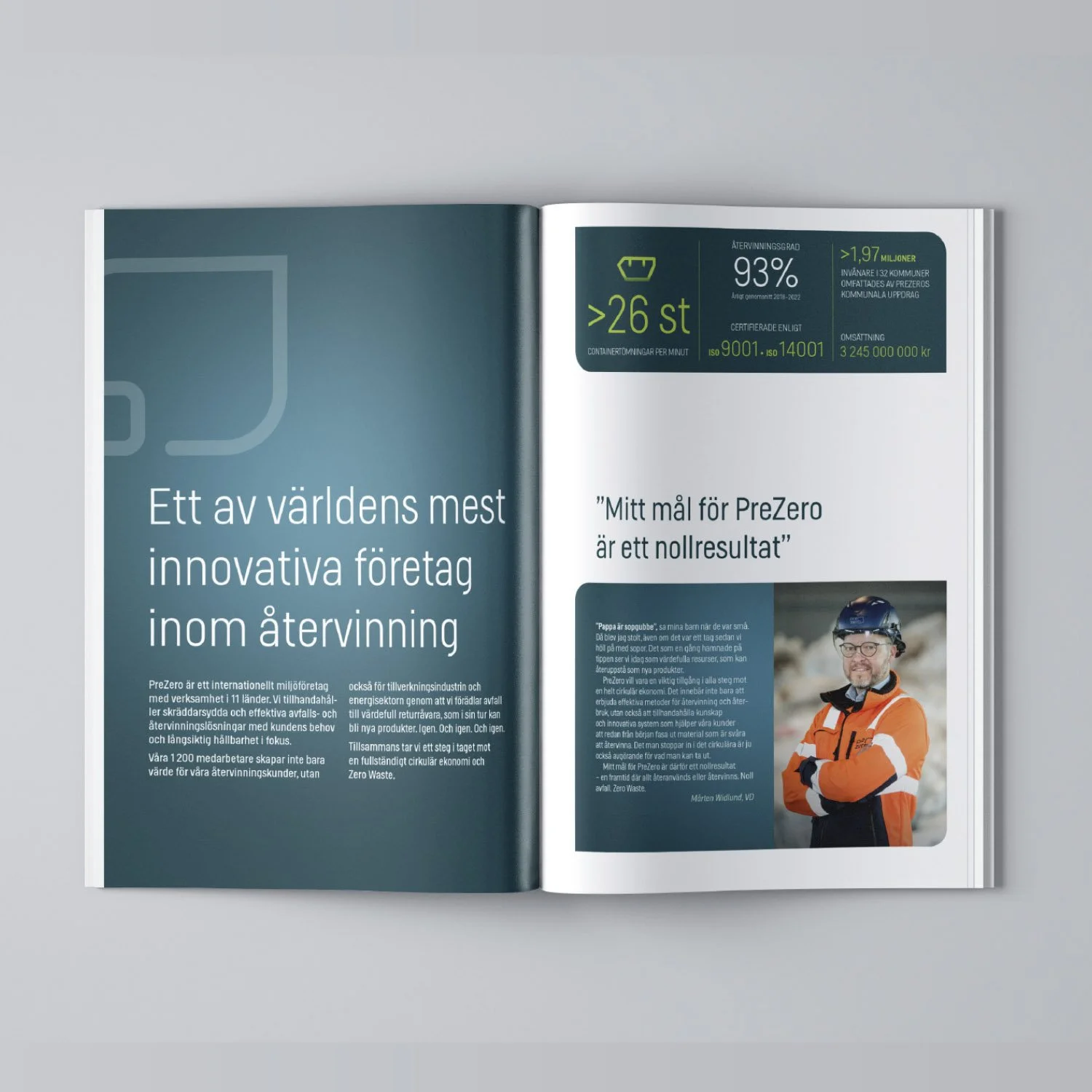 Open magazine spread with Swedish text, a photo of a man in orange safety clothing and safety glasses, with a blue background and infographic in Swedish.