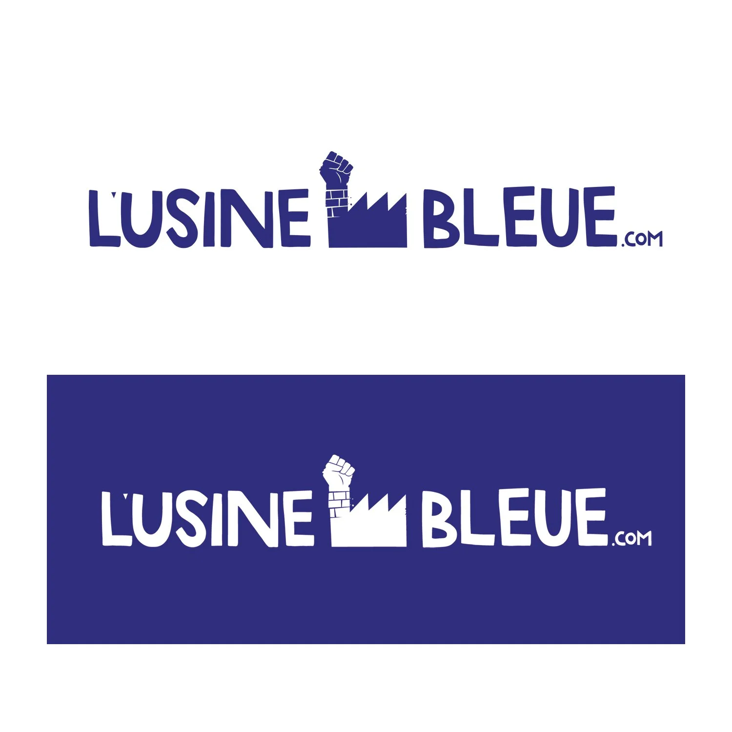 Logo for L'usine Bleue with a clenched fist emerging from a factory, in blue and white colors.