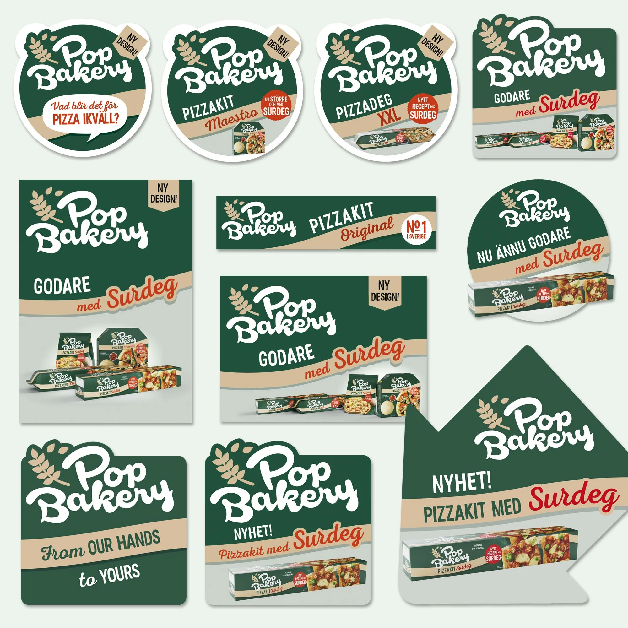 A collection of various Pop Bakery pizza and bakery product packaging designs and labels featuring green, beige, and red colors, with text in Swedish promoting pizza with surdeg (sourdough).