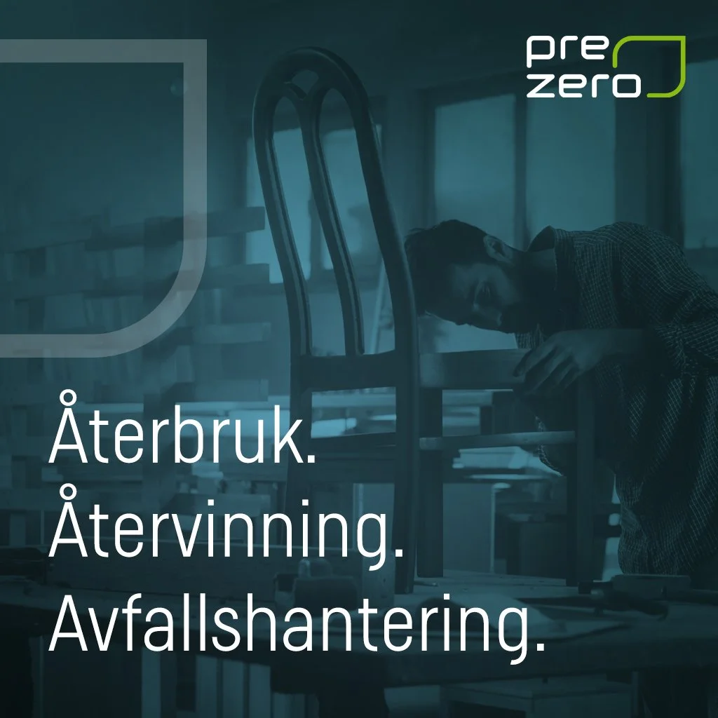 Young man working on a woodworking project in a workshop with furniture in the background, with Swedish text 'Återbruk. Återvinning. Avfallshantering.' and the 'pre zero' logo in the top right corner.