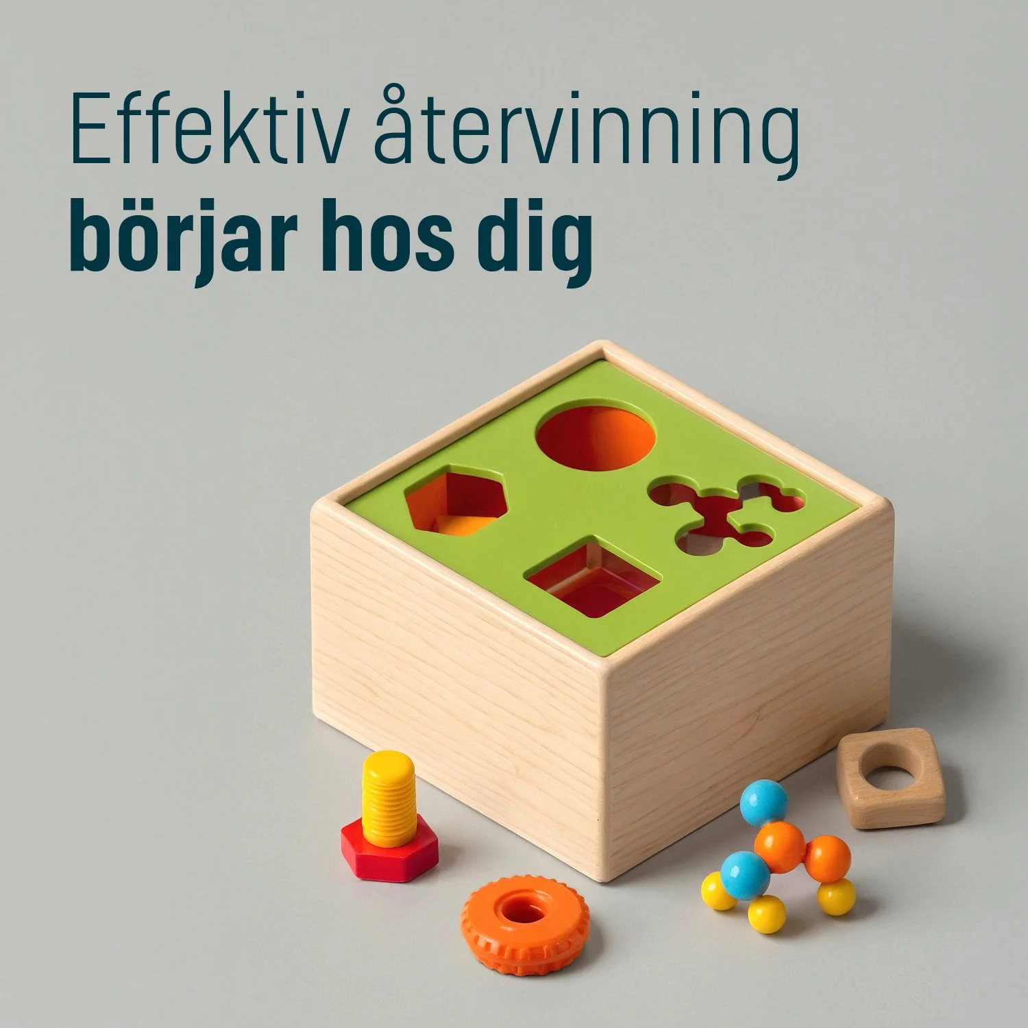 Wooden shape sorter toy with colorful pieces around it