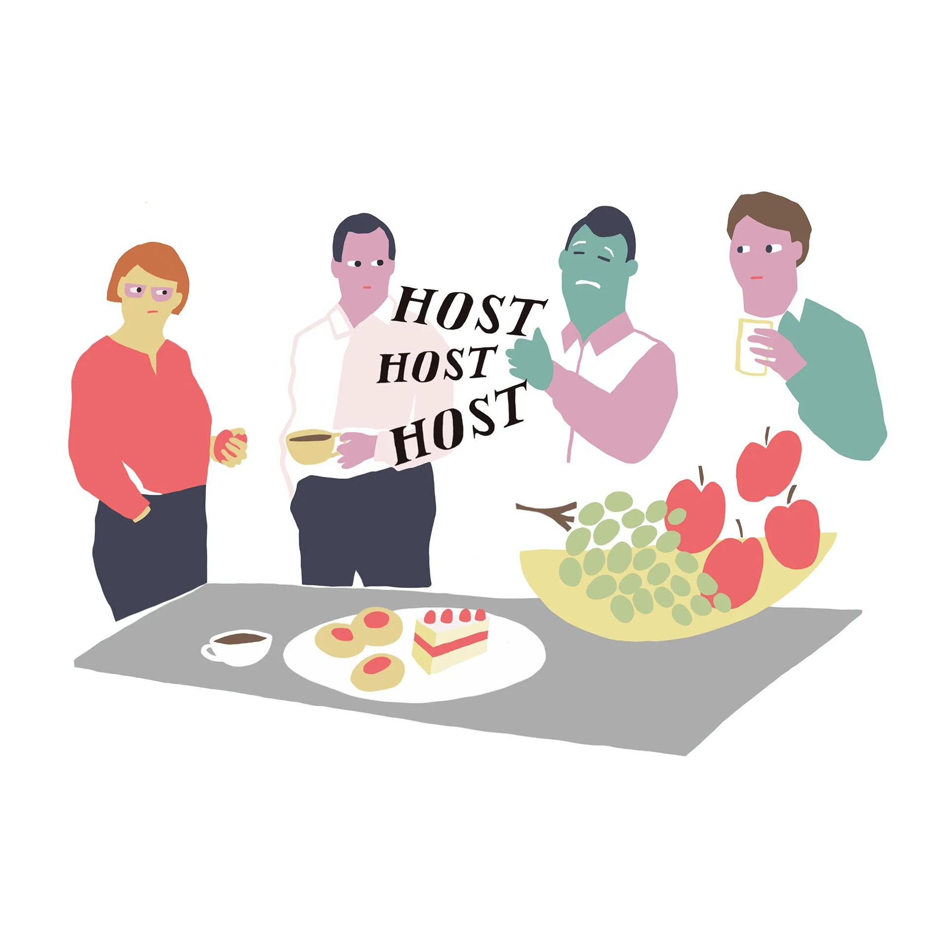 Group of four people at a party with food and drinks. There is a cake, cookies, a bowl, a basket of grapes and apples, and one person is holding a phone while another is holding a drink. The word 'HOST' is repeated three times in the center.