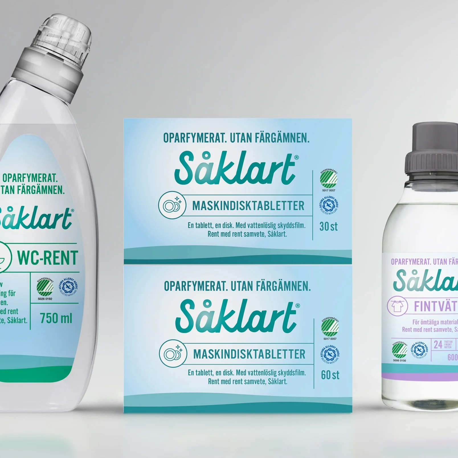 Boxes of Säkert dishwasher tablets and bottles of cleaning products with Swedish labels.
