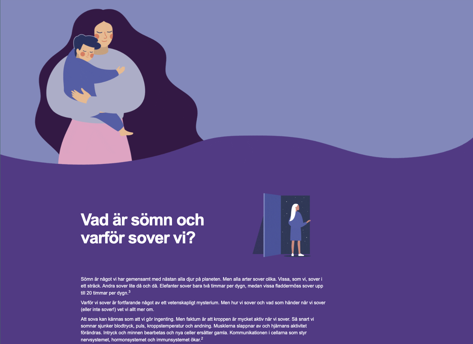 A person holding a sleeping child close to their chest, both with closed eyes, in a comforting embrace, set against a purple background with Swedish text about sleep and its importance.