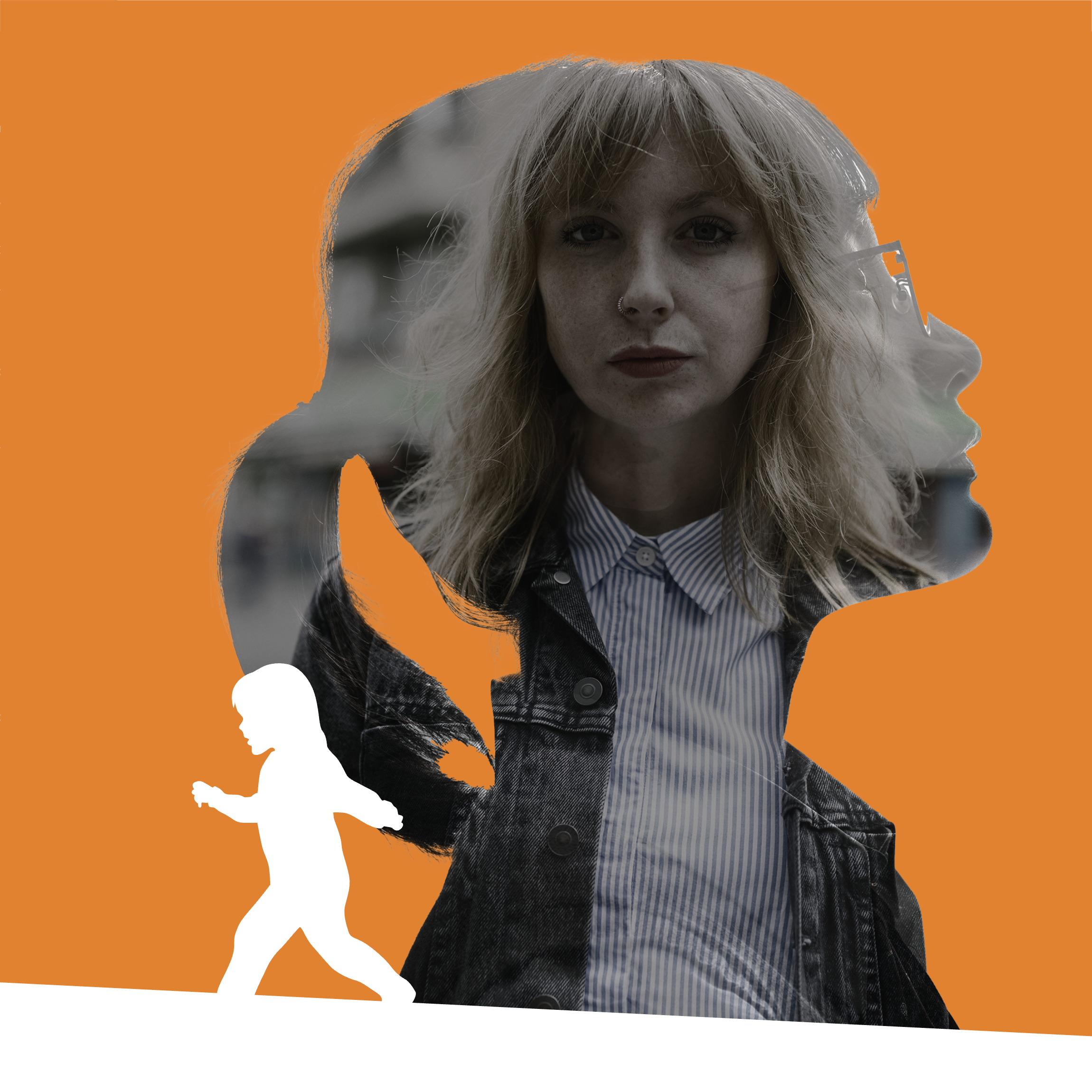 A digitally edited photo featuring a woman with light brown hair, freckles, and a nose piercing, superimposed within an orange silhouette of a person walking, with smaller gray silhouettes of the same woman in different poses layered behind.