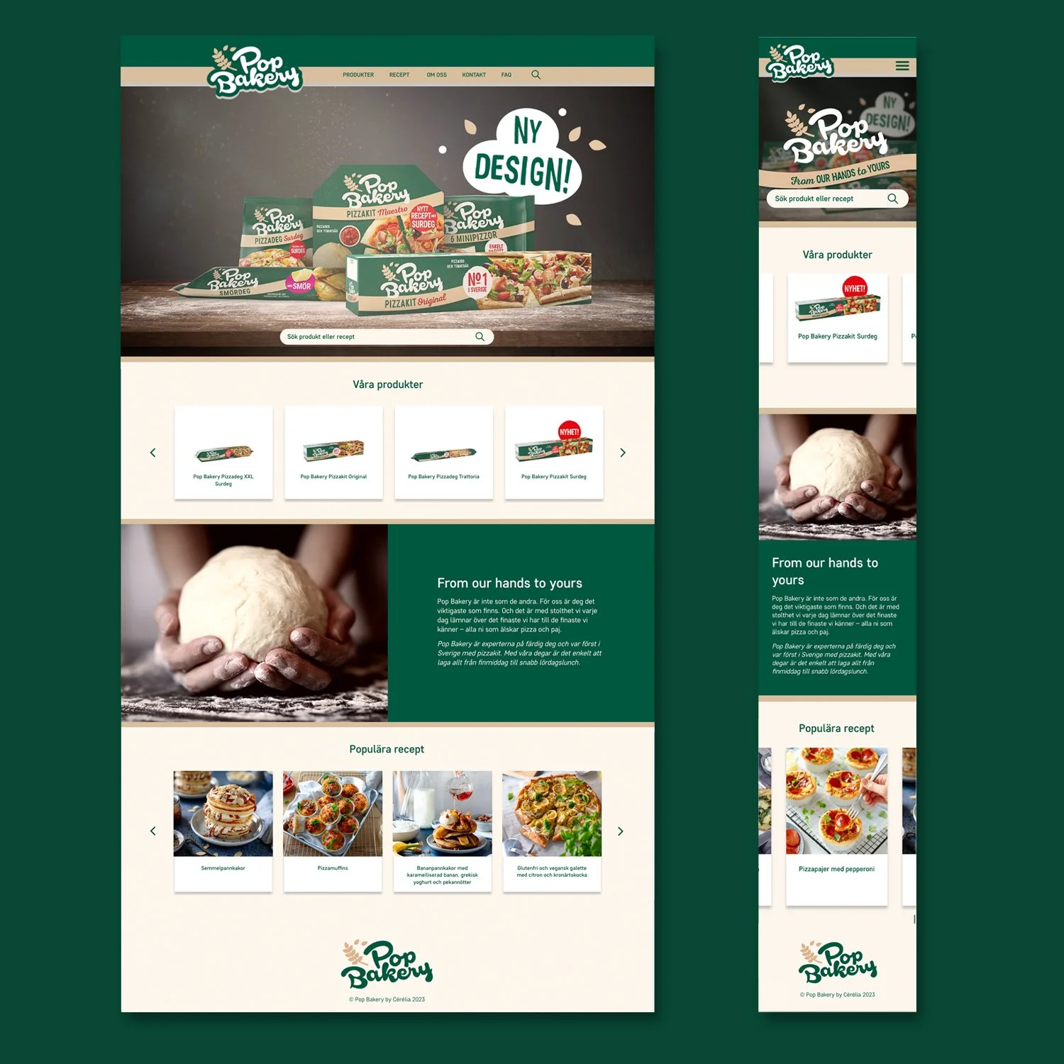 Screenshot of a bakery website homepage for Pop Bakery featuring product images, a search bar, and a section with a person holding a ball of dough.