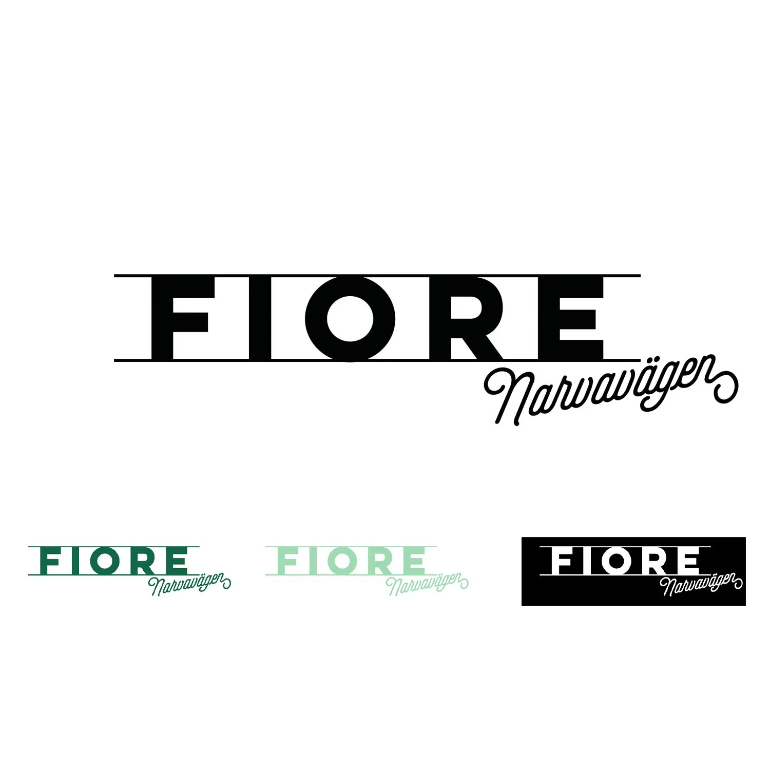 Logo with the text 'FIORE Narvaüggen' in stylized fonts, with different color and background variations.