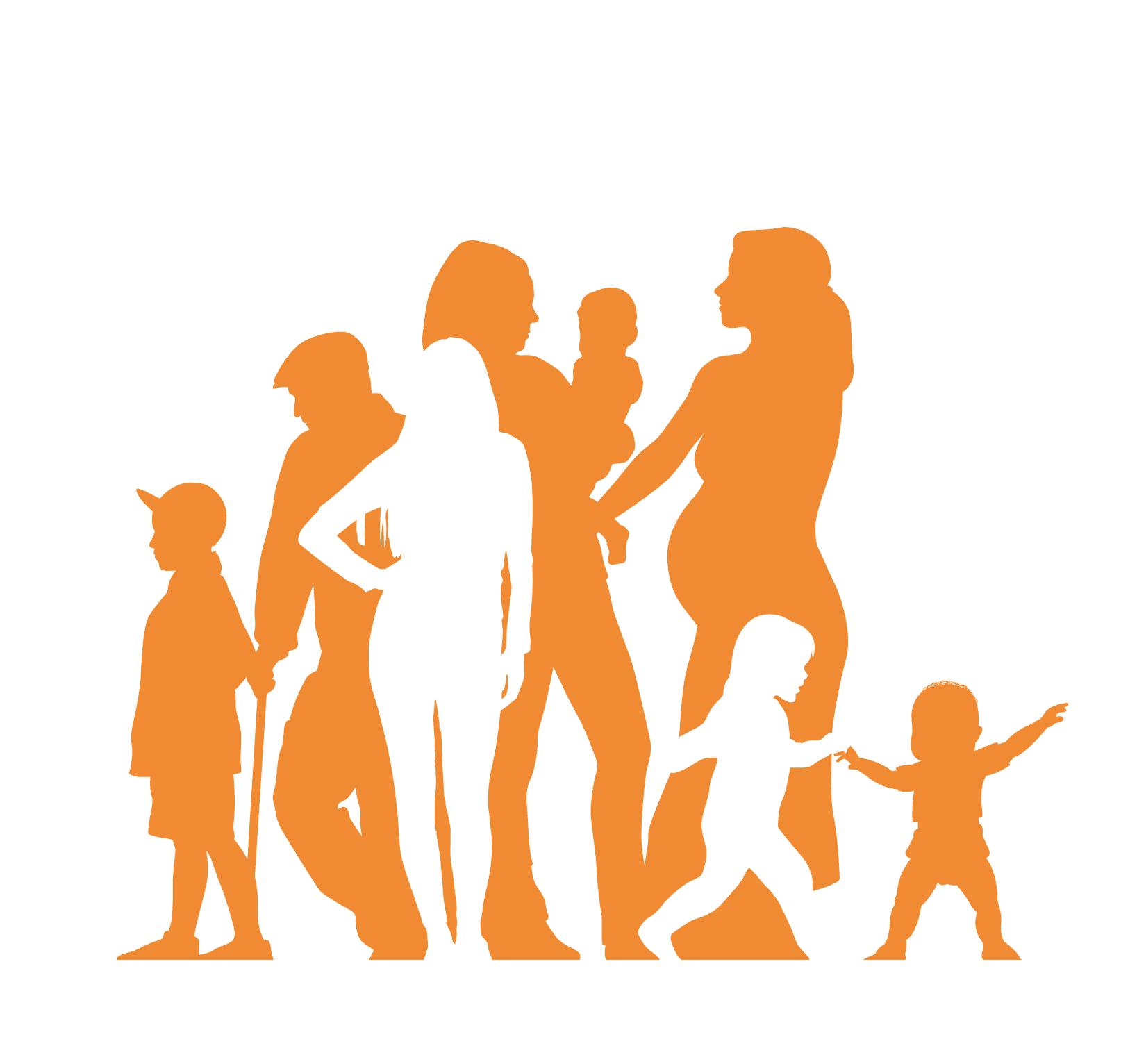 Silhouette of a group of children and women in orange against a white background, showing various poses and sizes, including a woman holding a baby.