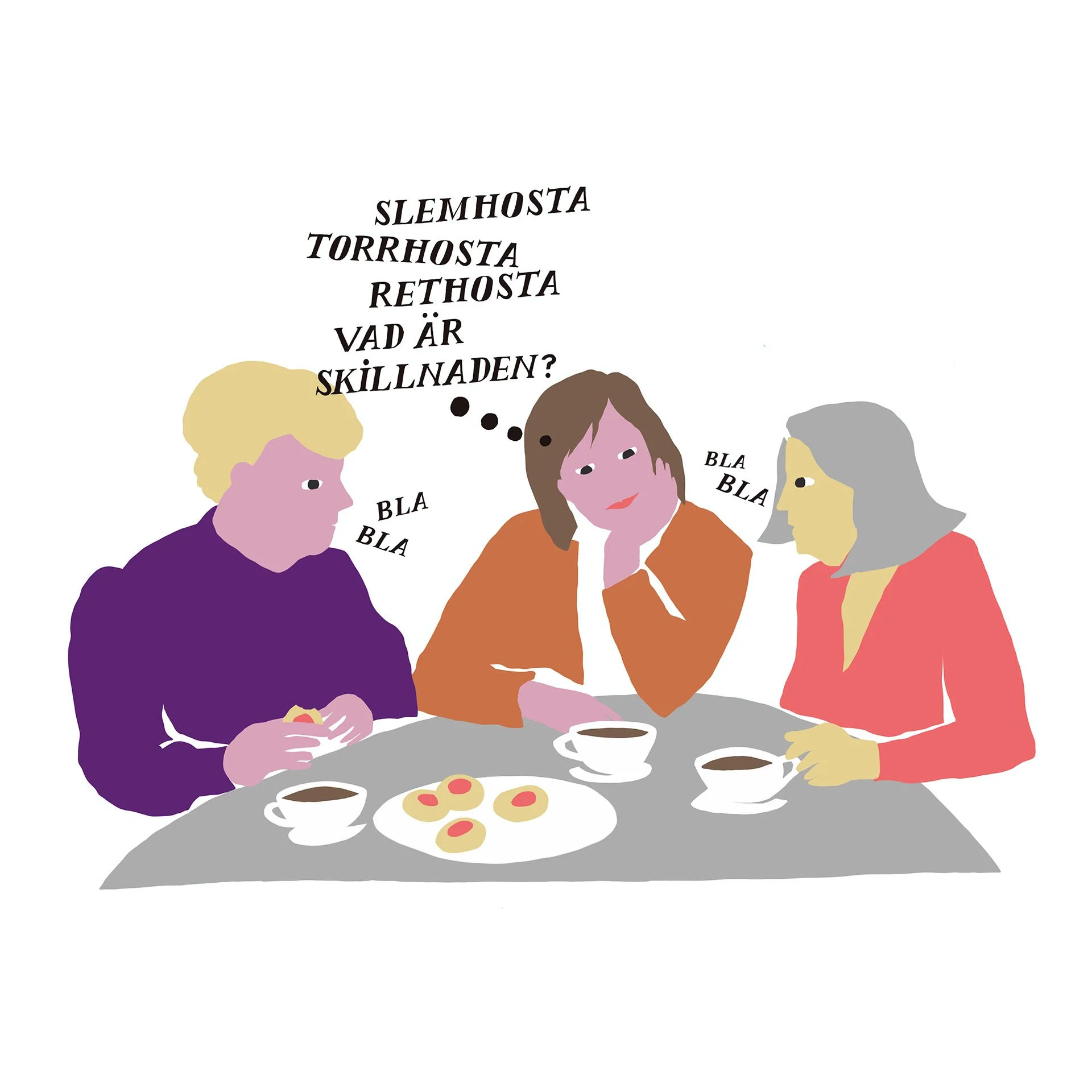 Illustration of three women sitting at a table with cups of coffee and a plate of cookies, engaging in conversation.