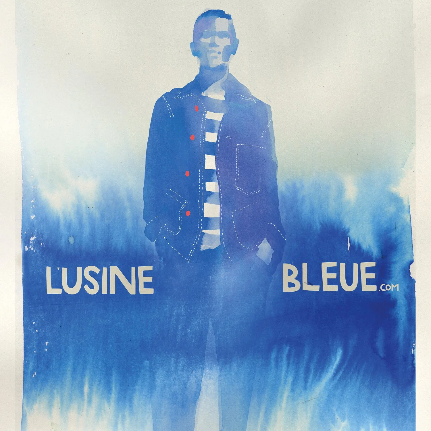 Poster for Lusine Bleu.com featuring a stylized blue-toned image of a young man wearing a denim jacket and striped shirt, standing with hands in pockets against a blue background with grass silhouette at the bottom.