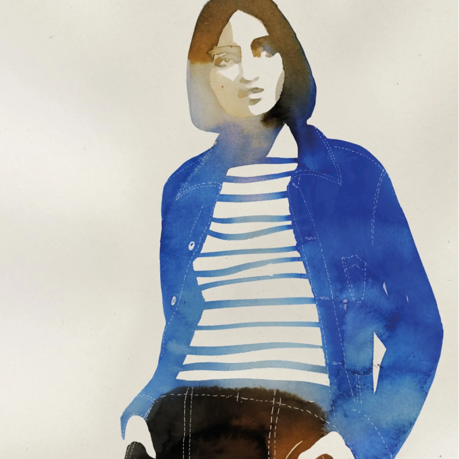 Illustration of a young woman with short hair, wearing glasses, a striped shirt, and a blue denim jacket.