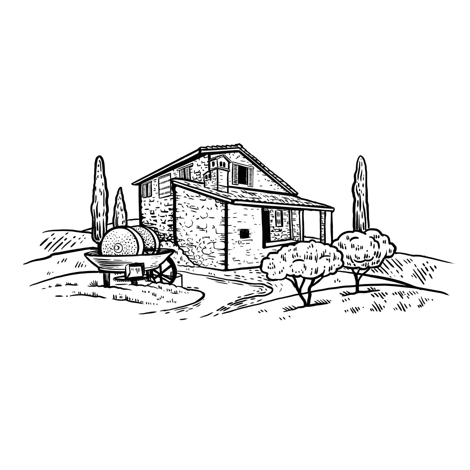 Black and white drawing of a stone house surrounded by trees and greenery, with a wheelbarrow filled with barrels nearby.