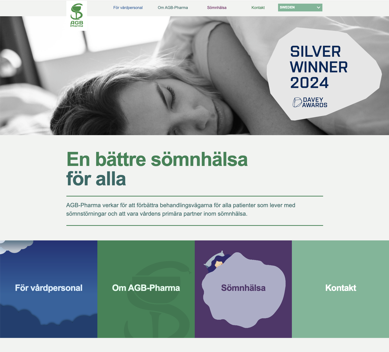 Black and white image of a woman sleeping peacefully, with a sticker on her shirt reading 'Silver Winner 2024 Davey Awards'. The webpage features green, blue, purple, and white colors, with sections labeled for healthcare professionals, about AGB-Pha