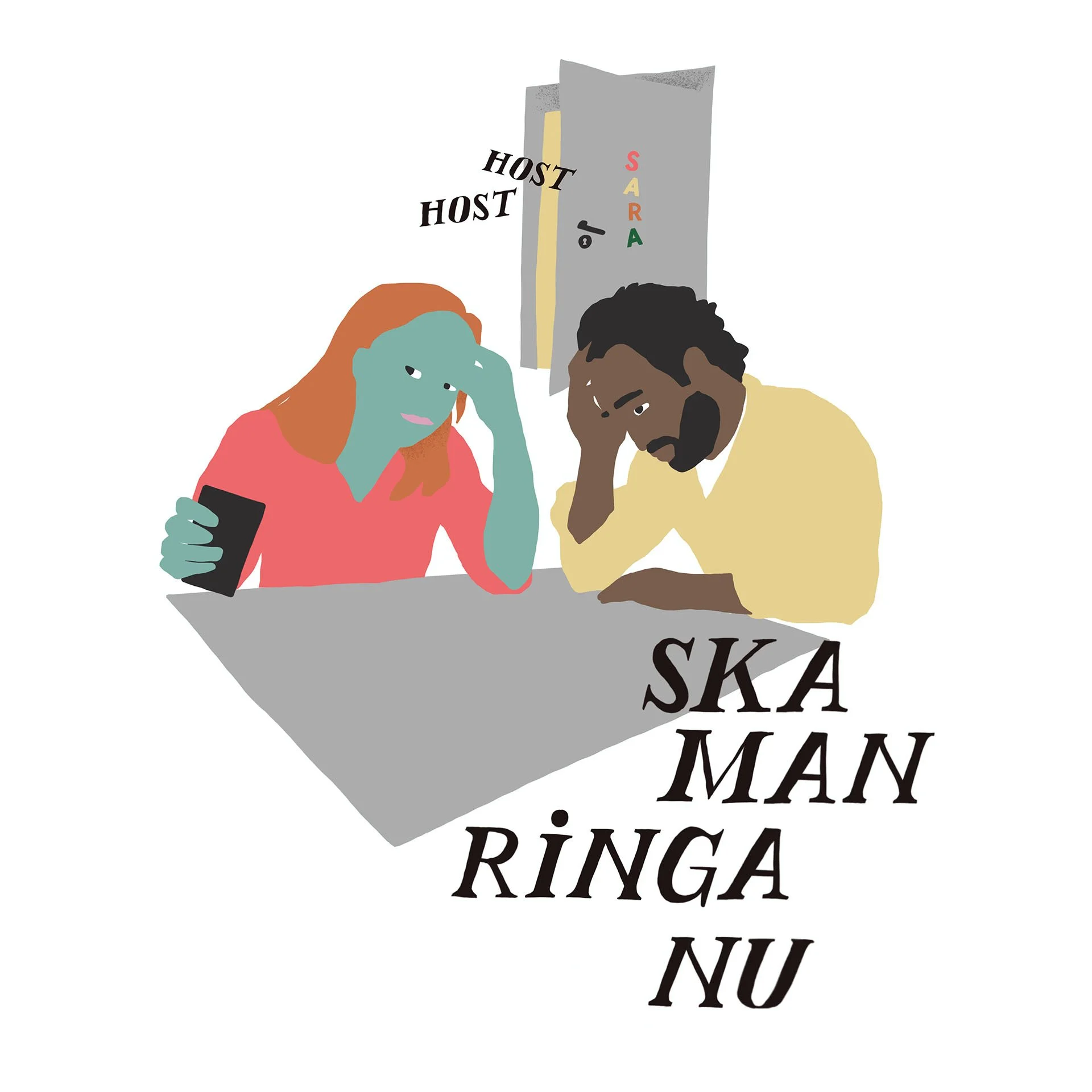 Illustration of a woman with blue skin, red hair, wearing a pink top, and a man with dark skin, black hair, beard, wearing a yellow shirt, sitting at a table with worried expressions, next to a door with the words 'SARA' and 'HOST' written on it.