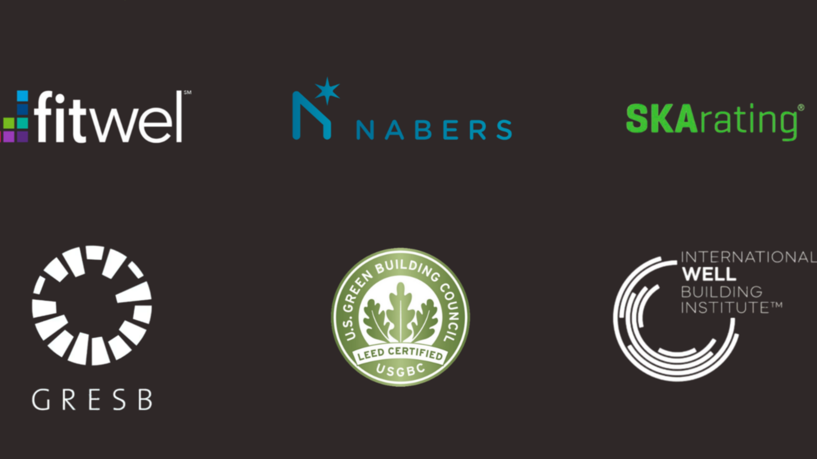 Collection of six logos for organizations related to building, health, and sustainability on a black background.