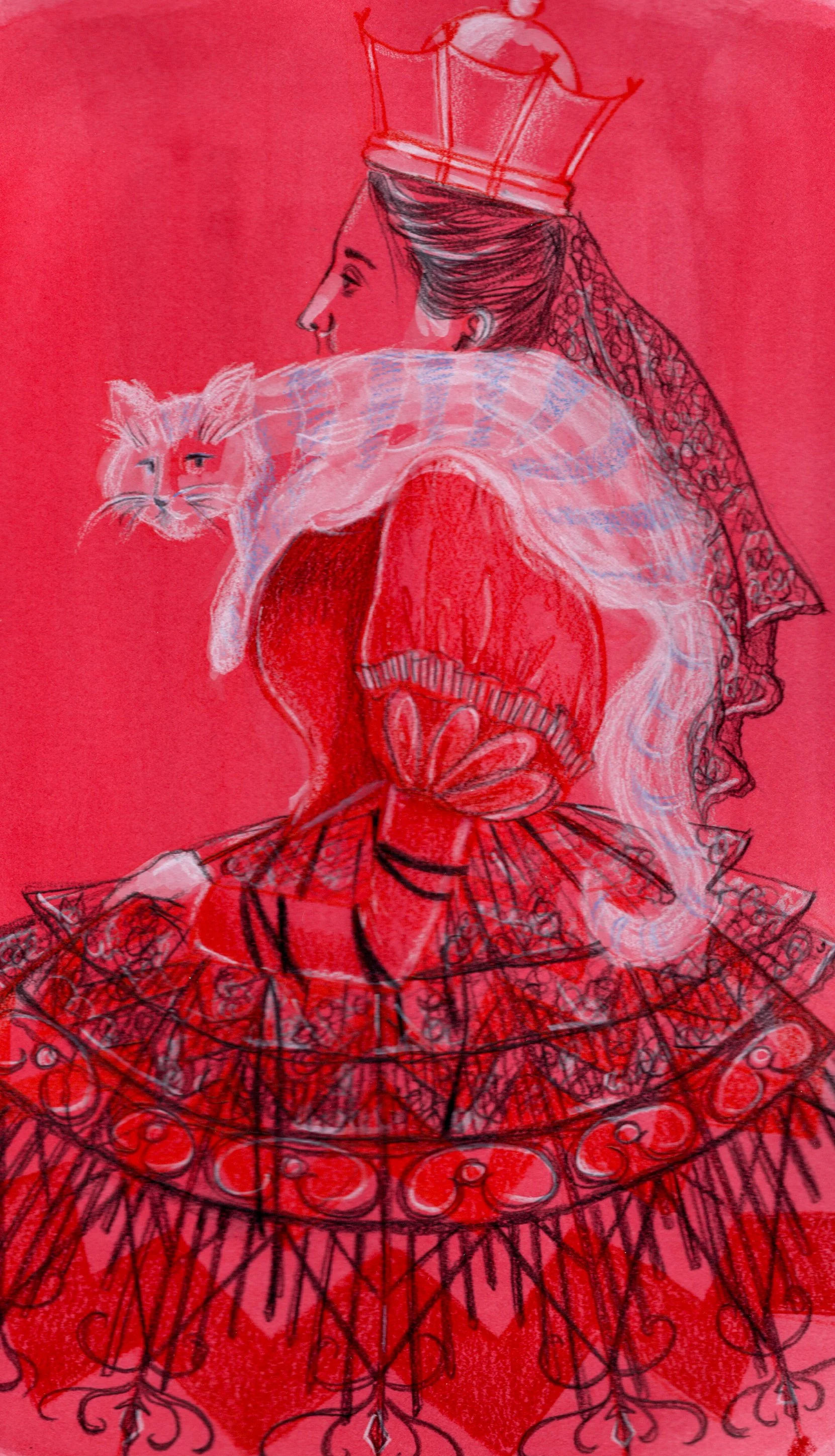 The Red Queen, Alice in Wonderland, Pencil and Gouache Illustration, 2023