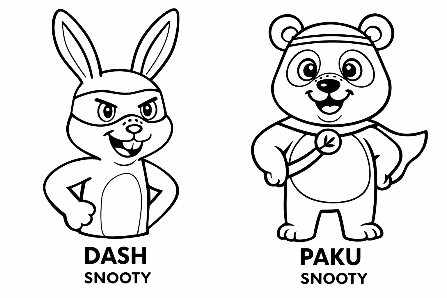 Zeichnung von zwei cartoonartigen Tieren: Ein Kaninchen in einem Superheldenkostüm mit Umhang und eine Bärin im Superheldenkostüm mit Umhang. Beide sind freundlich und lächelnd. Die Beschriftung lautet: links 'DASH SNOOTY', rechts 'PAKU SNOOTY'.