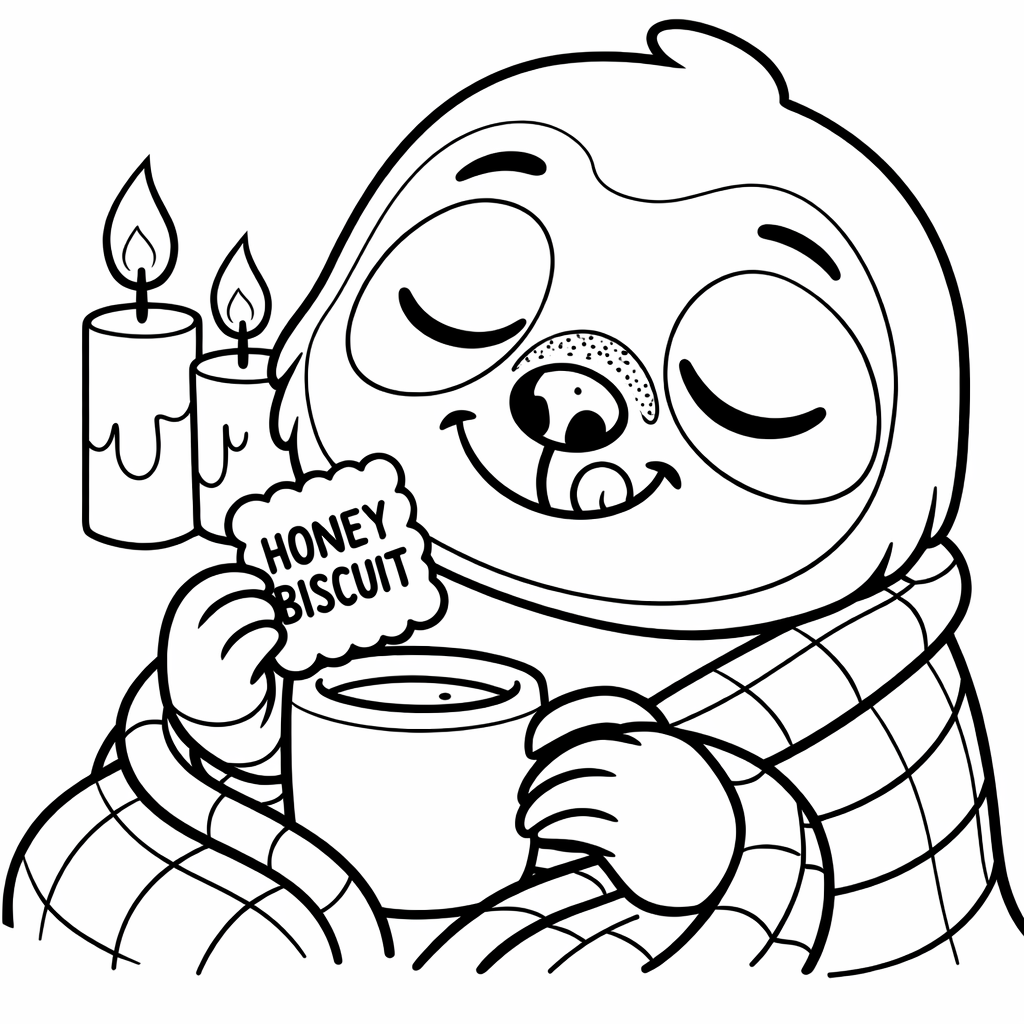 Ein niedliches, kreisförmiges Tier mit großen geschlossenen Augen, das einen Honigkuchenriegel und eine Tasse hält. Im Hintergrund sind zwei brennende Kerzen.