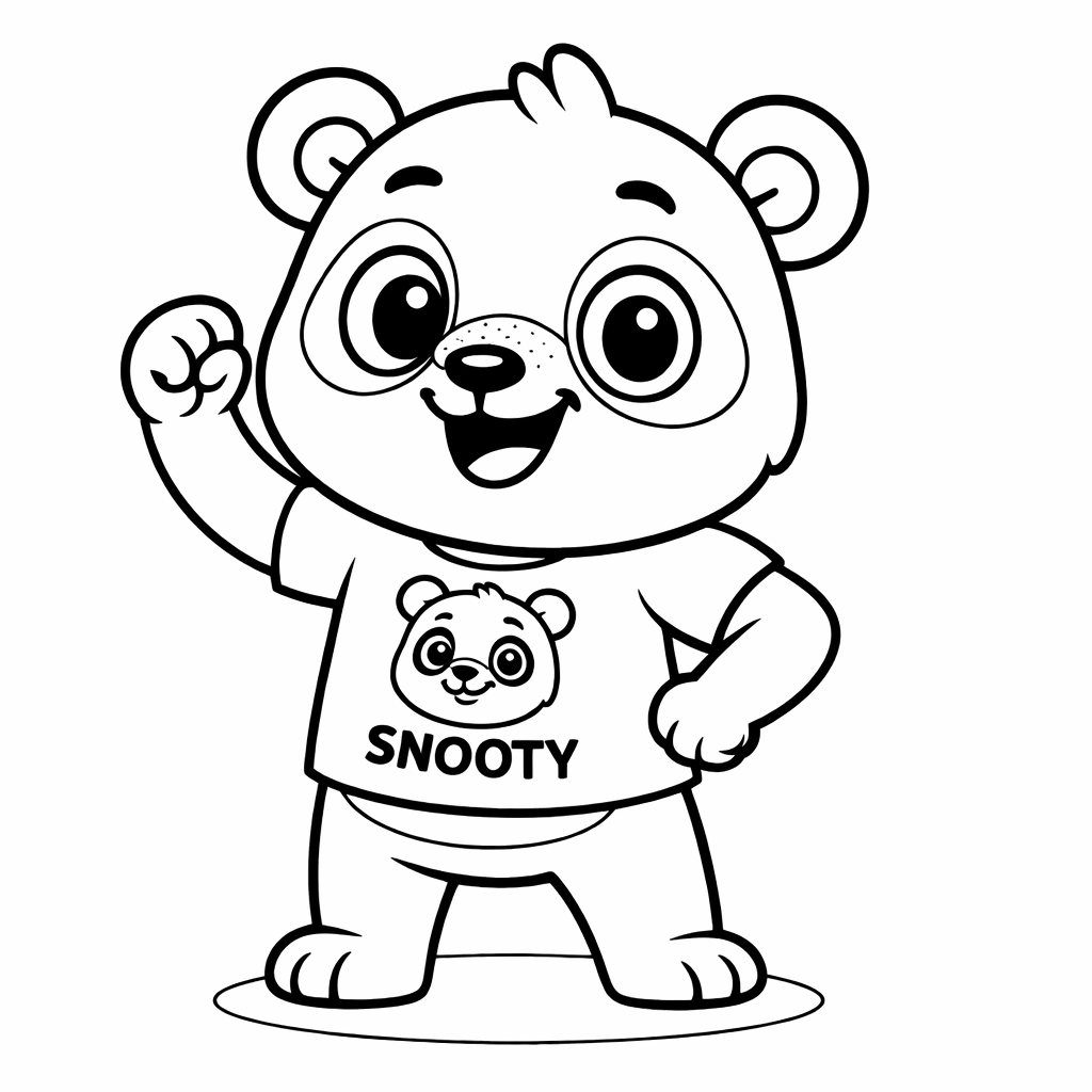 Schwarzweißzeichnung eines niedlichen Bären mit großen Augen, der eine Hand zum Gruß hebt. Der Bär trägt ein T-Shirt mit einem Affenbild und dem Schriftzug 'SNOOTY'.