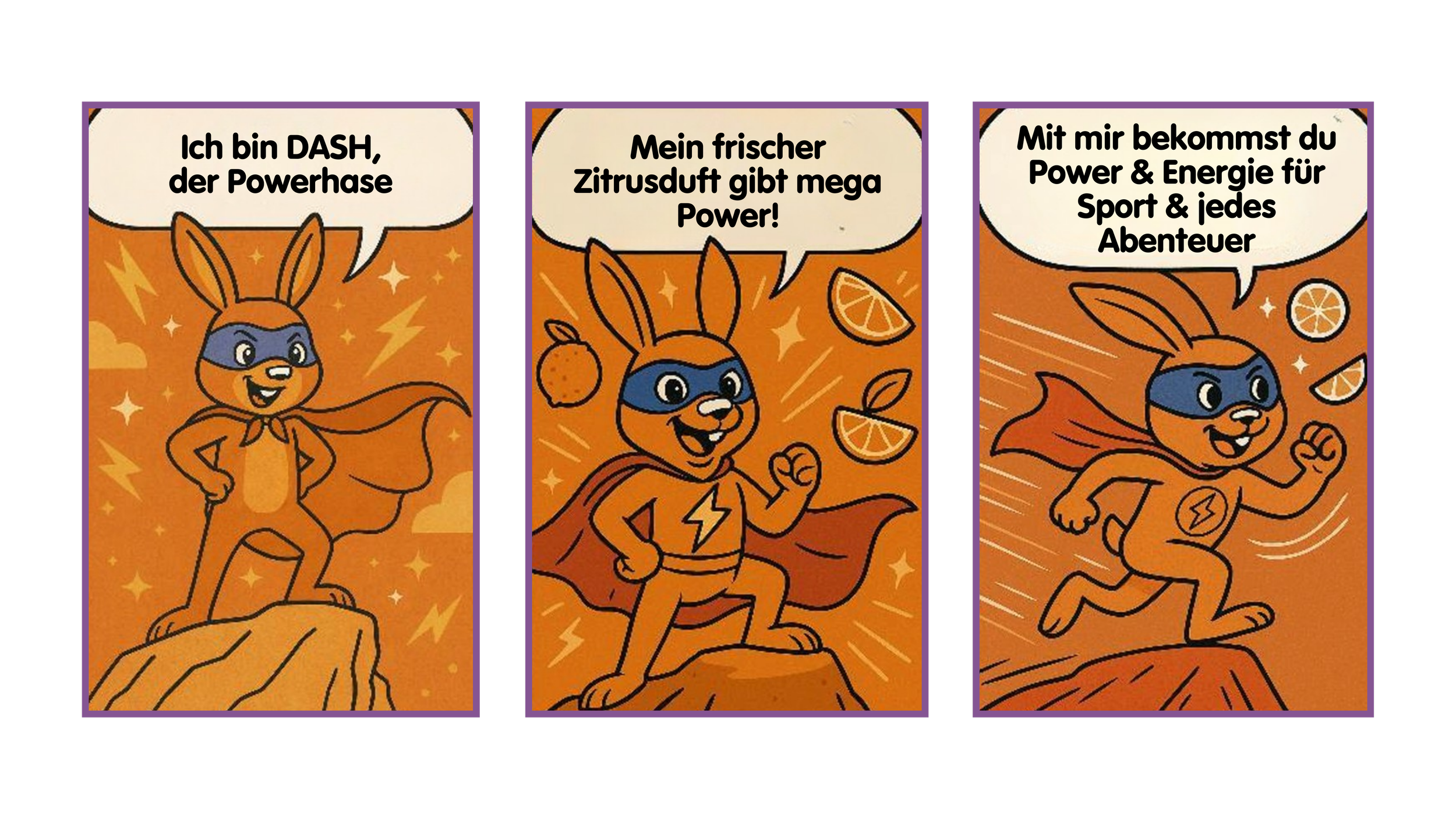 Drei Comic-Panel mit einem Hasen in Superheldenkostüm, das auf einem Felsen steht und verschiedene Sätze sagt. Das erste Panel sagt: 'Ich bin DASH, der Powerhase'; das zweite Panel: 'Mein frischer Zitronenduft gibt mega Power!'; das dritte Panel: 'Mi