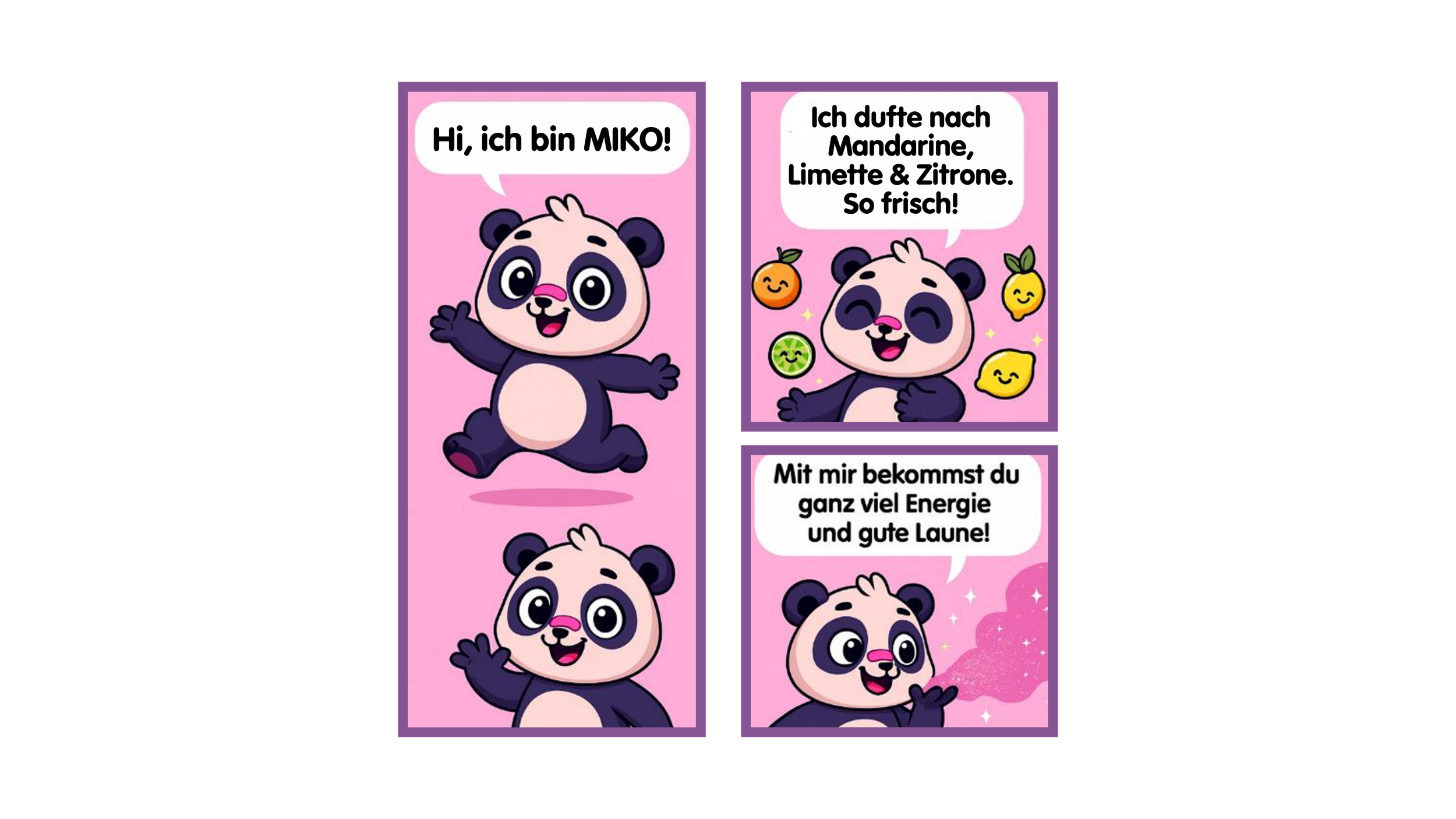 Comic-Strip mit einem Panda namens MIKO, der sich vorstellt, nach Mandarine, Limette und Zitrone zu duften, um Energie und gute Laune zu vermitteln.