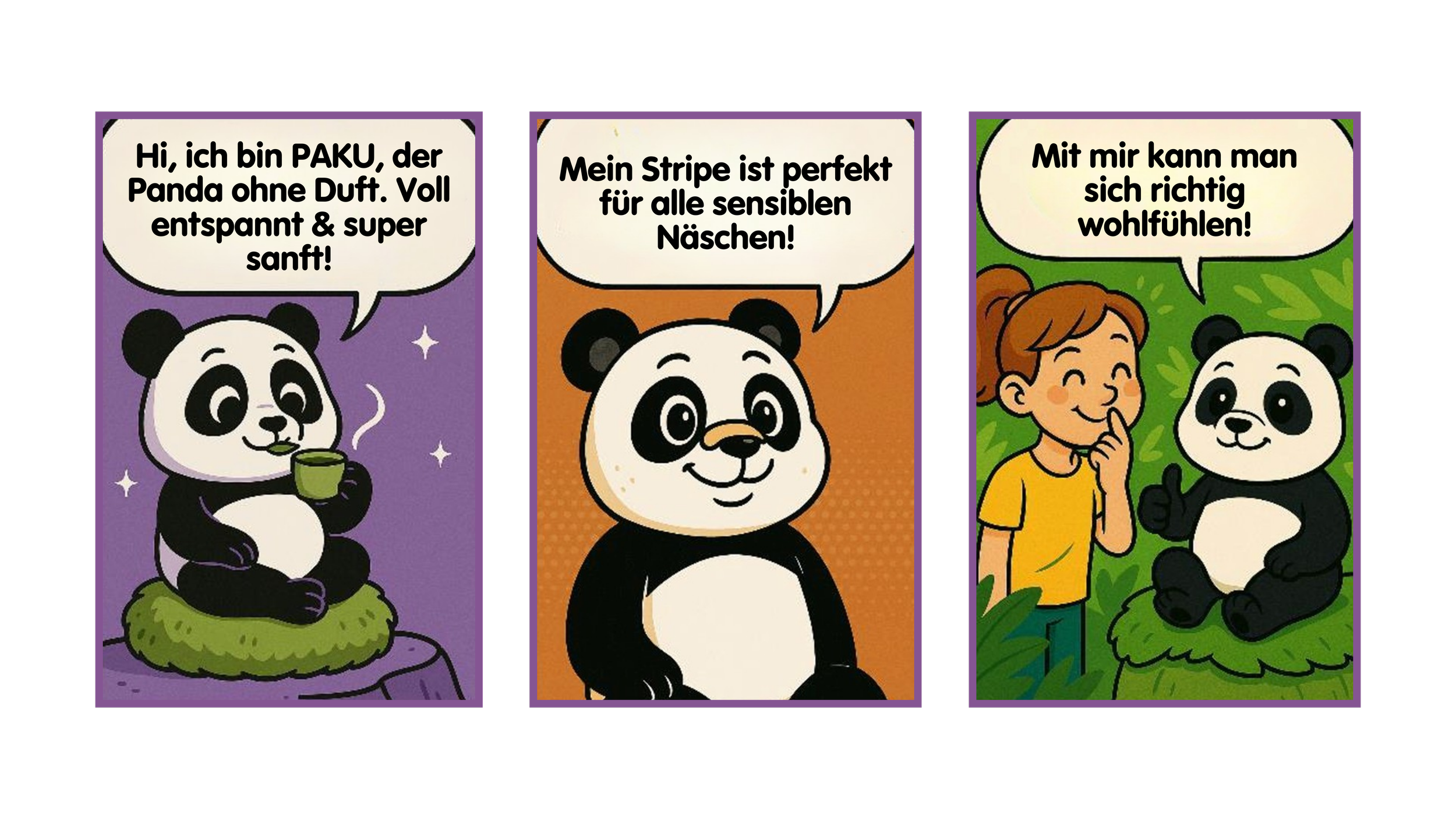Comic-Panel mit einem Panda namens PAKU, der ohne Duft ist und entspannt ist, spricht mit einem orangenen Hintergrund. In einem dritten Bild sitzt PAKU auf einem Baum und spricht mit einem Menschen, der eine braune Haare trägt und ein gelbes T-Shirt 
