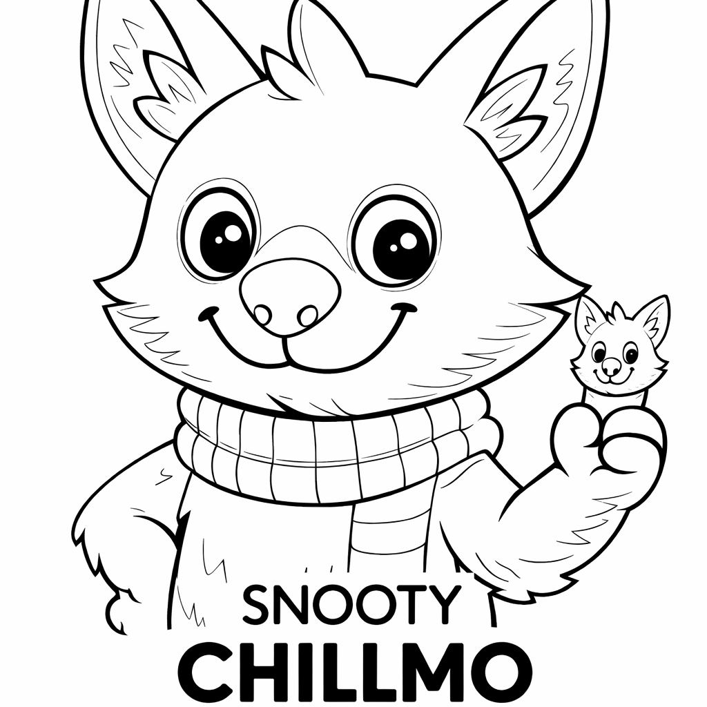 Ein niedliches, cartoonartiges Fuchsjunge mit großen, funkelnden Augen trägt einen Schal und hält eine kleine Version desselben Charakters in der Hand, mit dem Text "SNOOTY CHILLMO" darunter.