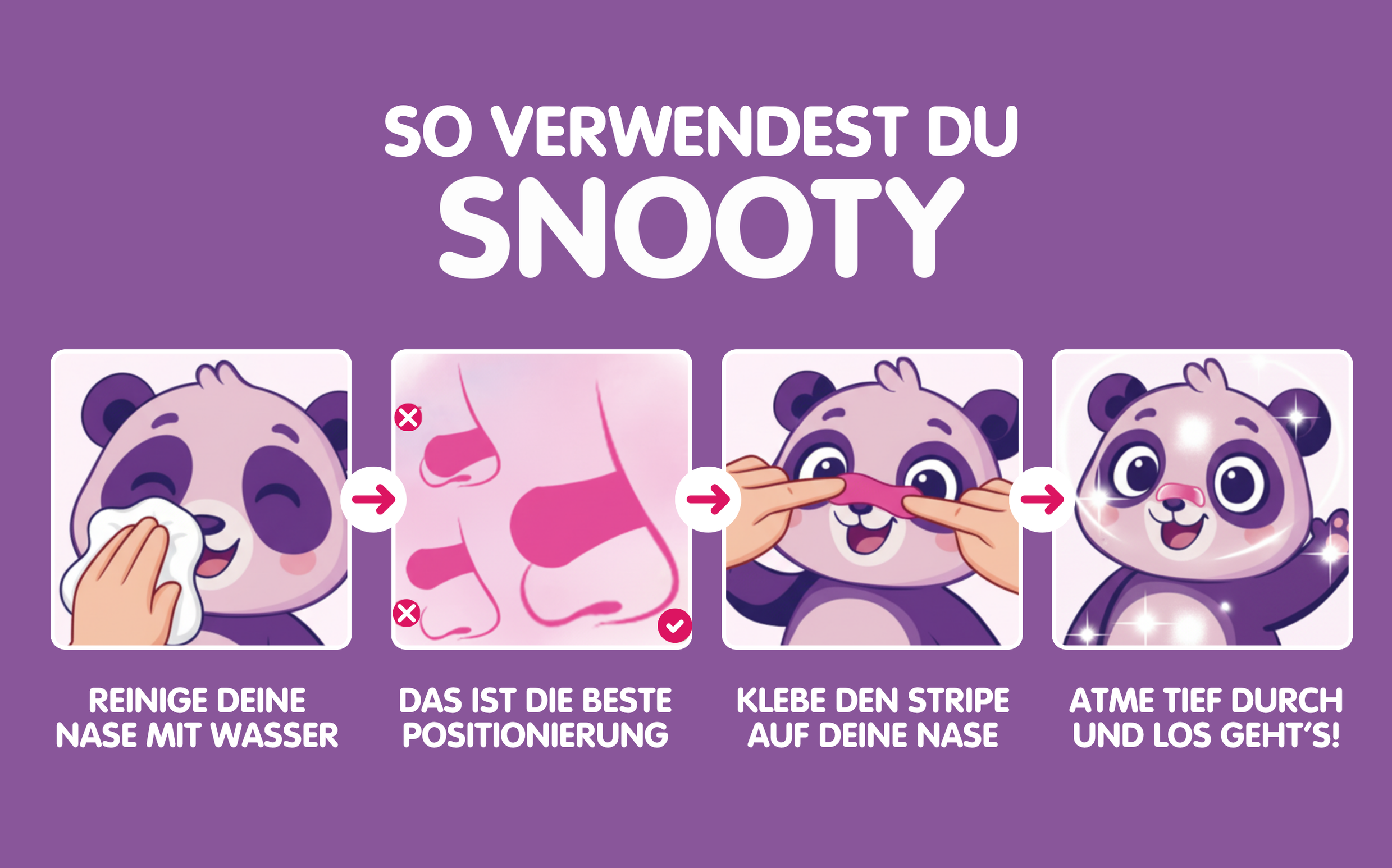Anleitung in vier Schritten, um einen Snotty Putty zu verwenden, mit einem Panda-Charakter, der das Produkt anwendet, auf lilafarbenem Hintergrund.