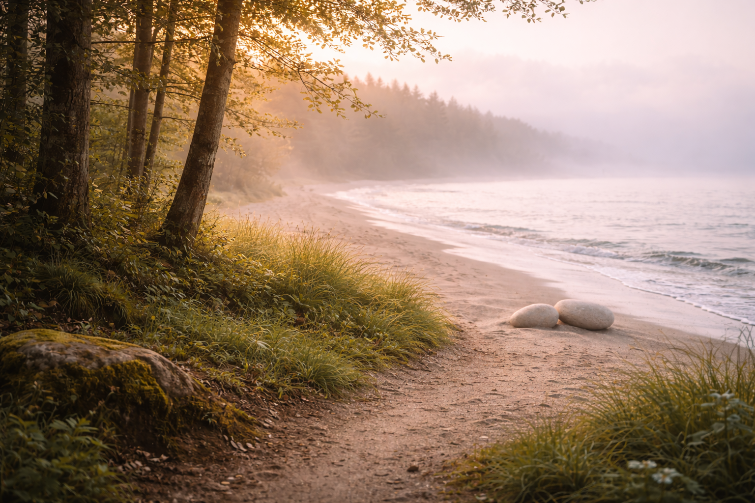 Verwunschene Strandlandschaft mit Bäumen, Sand, Steinen, Wasser und Nebel, Sonnenaufgang oder -untergang