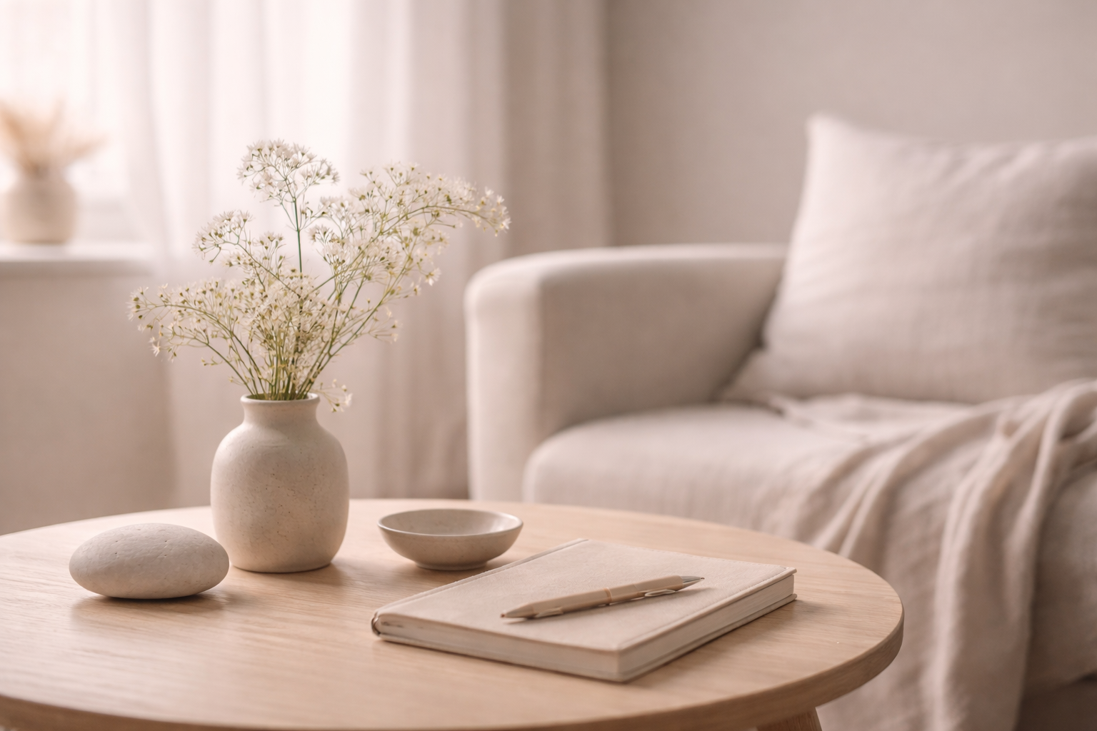 Ein runder Holztisch mit einer weißen Vase mit weißen Blumen, einem kleinen weißen Stein, einer leeren Schale, einem beigefarbenen Notizbuch und einem goldfarbenen Kugelschreiber. Im Hintergrund ein weißes Sofa mit einem beigefarbenen Kissen und einer Decke, sowie weiße Vorhänge.